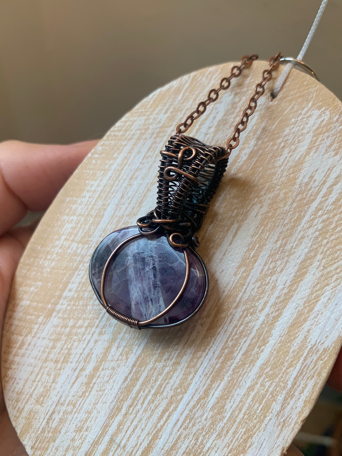 Amethyst Pumpkin Pendant Wire Wrapped in Antiqued Copper