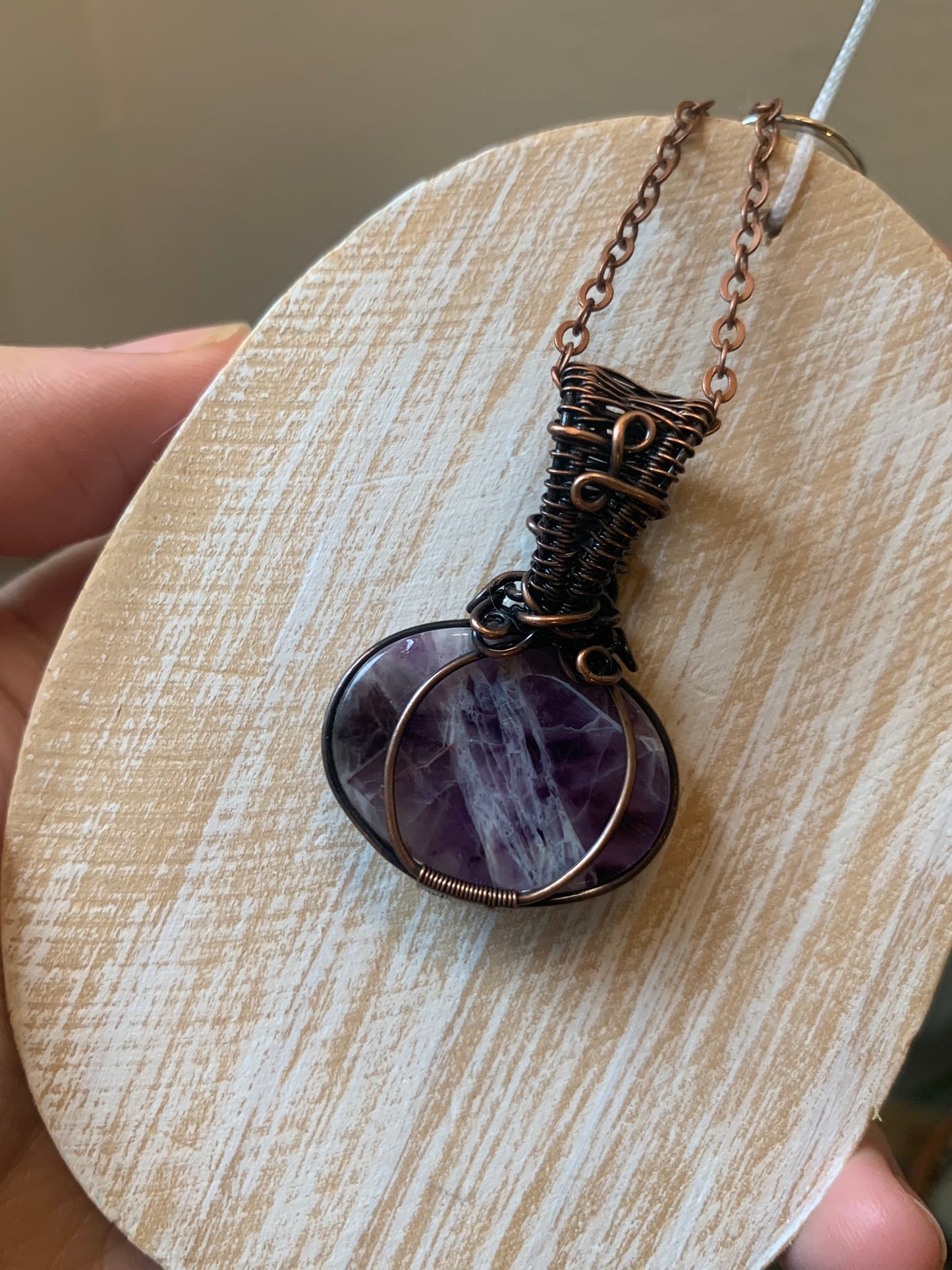 Amethyst Pumpkin Pendant Wire Wrapped in Antiqued Copper