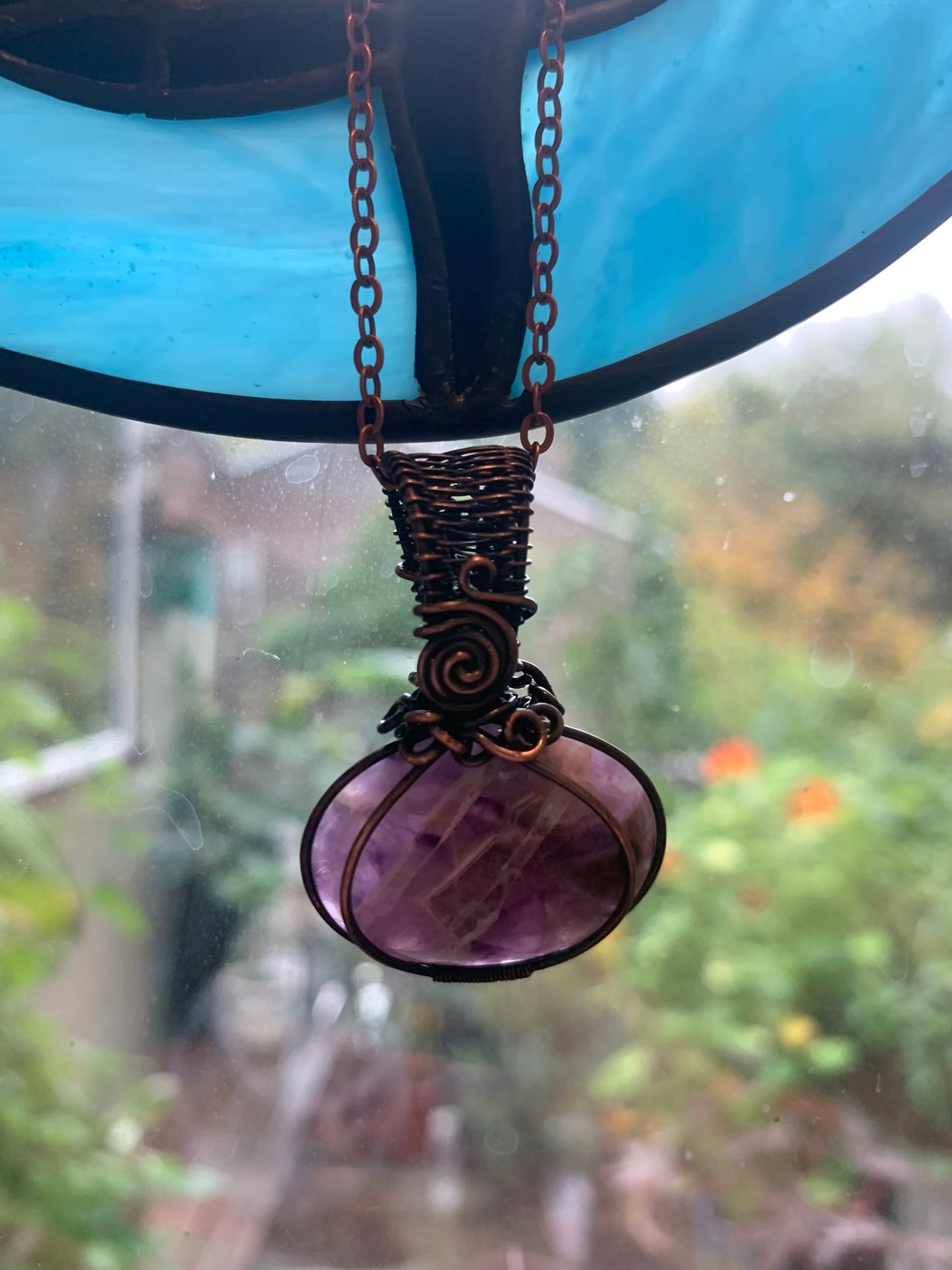 Amethyst Pumpkin Pendant Wire Wrapped in Antiqued Copper