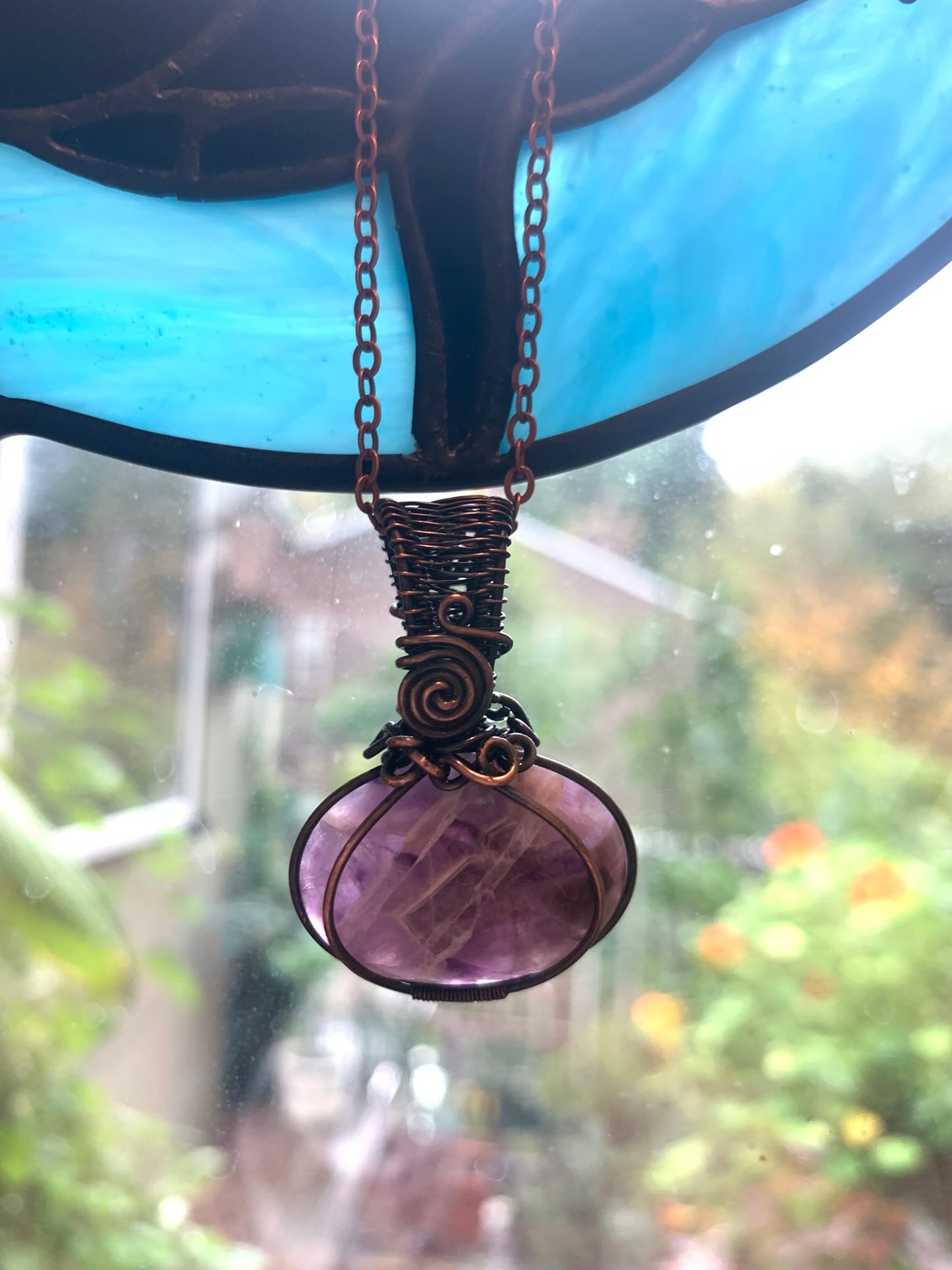 Amethyst Pumpkin Pendant Wire Wrapped in Antiqued Copper