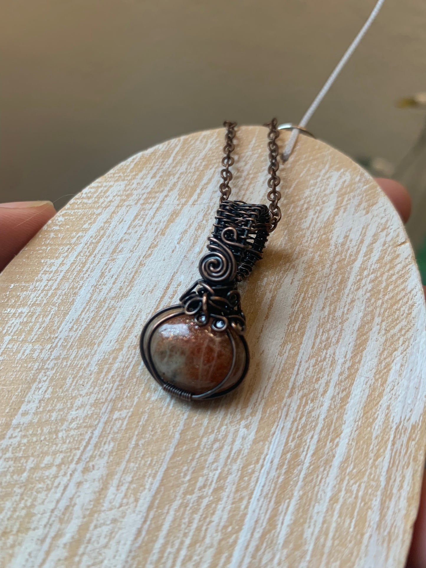 Dainty Sunstone Pumpkin Pendant Wire Wrapped In Antiqued Copper