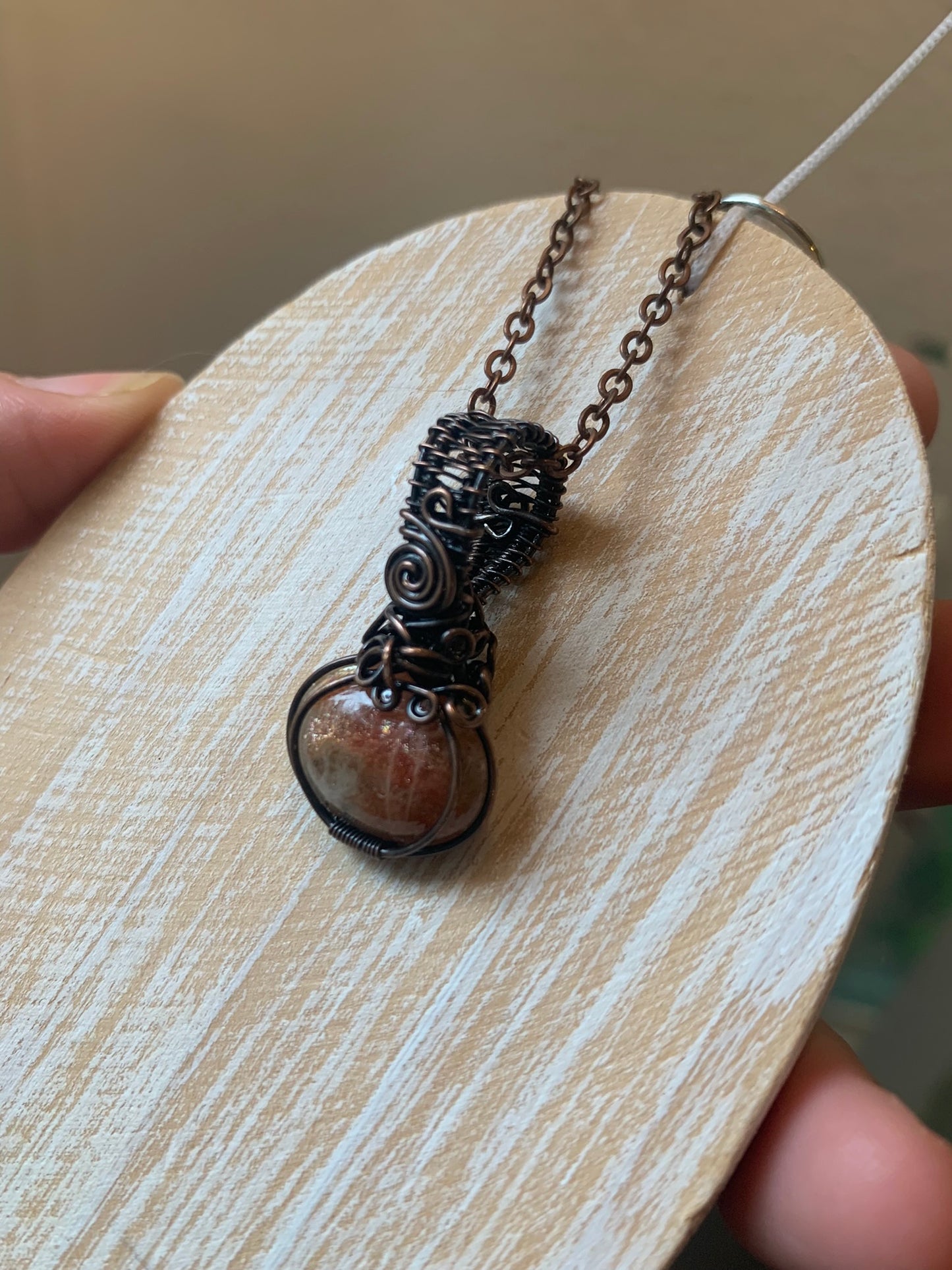 Dainty Sunstone Pumpkin Pendant Wire Wrapped In Antiqued Copper