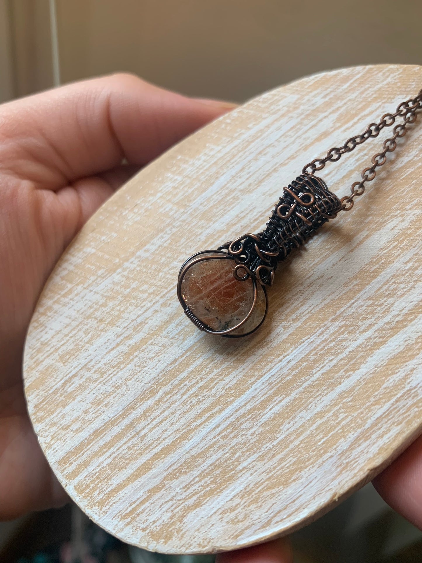 Dainty Sunstone Pumpkin Pendant Wire Wrapped In Antiqued Copper