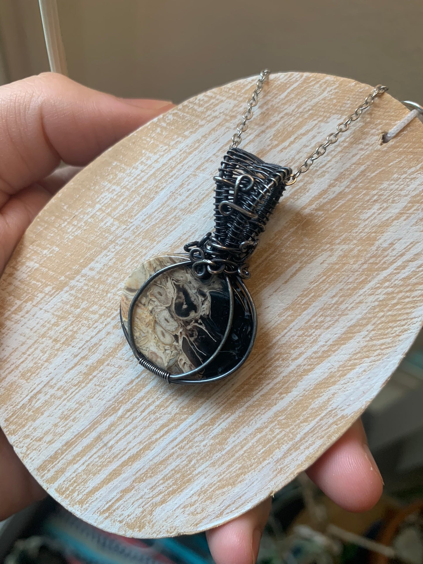 Petrified Palm Root Pumpkin Pendant Wire Wrapped in Antiqued .925 Sterling Silver