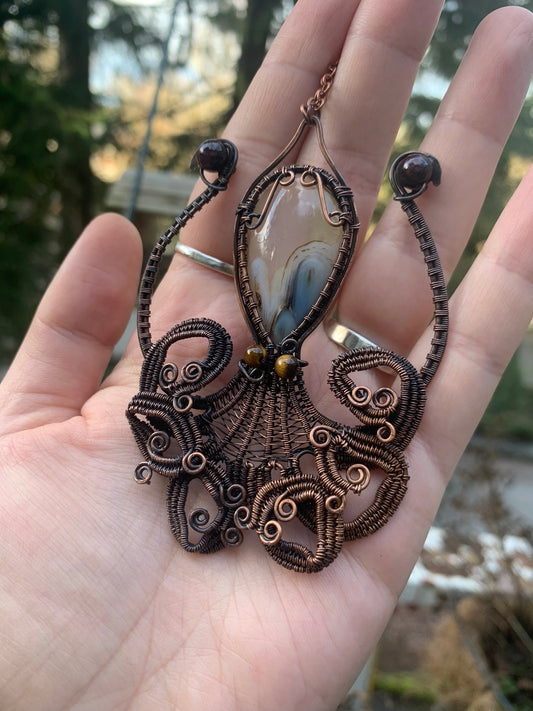 Octopus Wire Wrapped Pendant featuring Dendritic Agate with Tigers eye and garnet accents