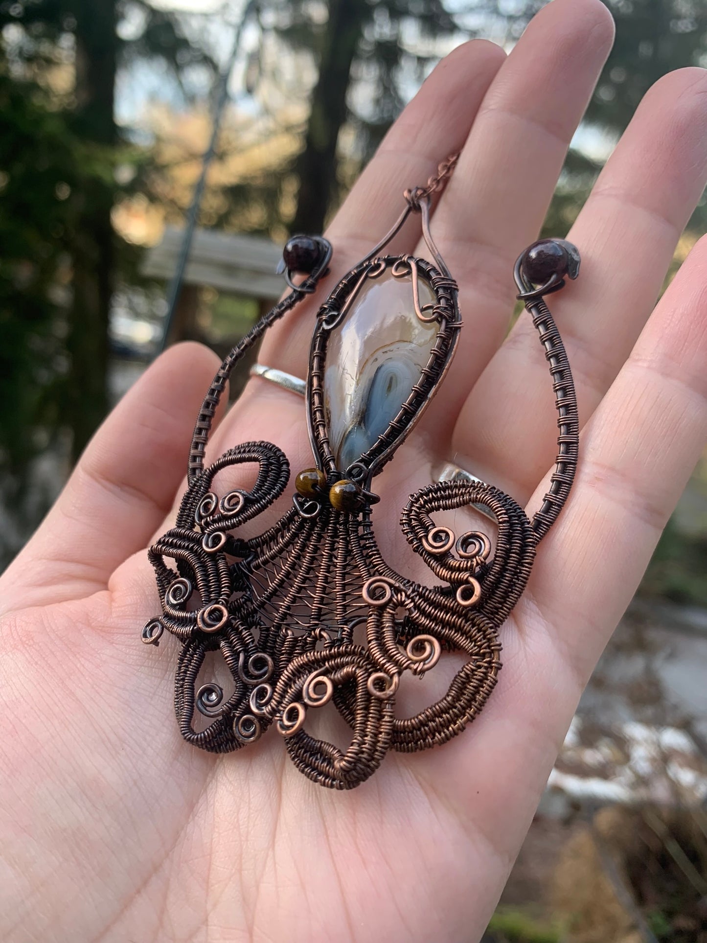 Octopus Wire Wrapped Pendant featuring Dendritic Agate with Tigers eye and garnet accents