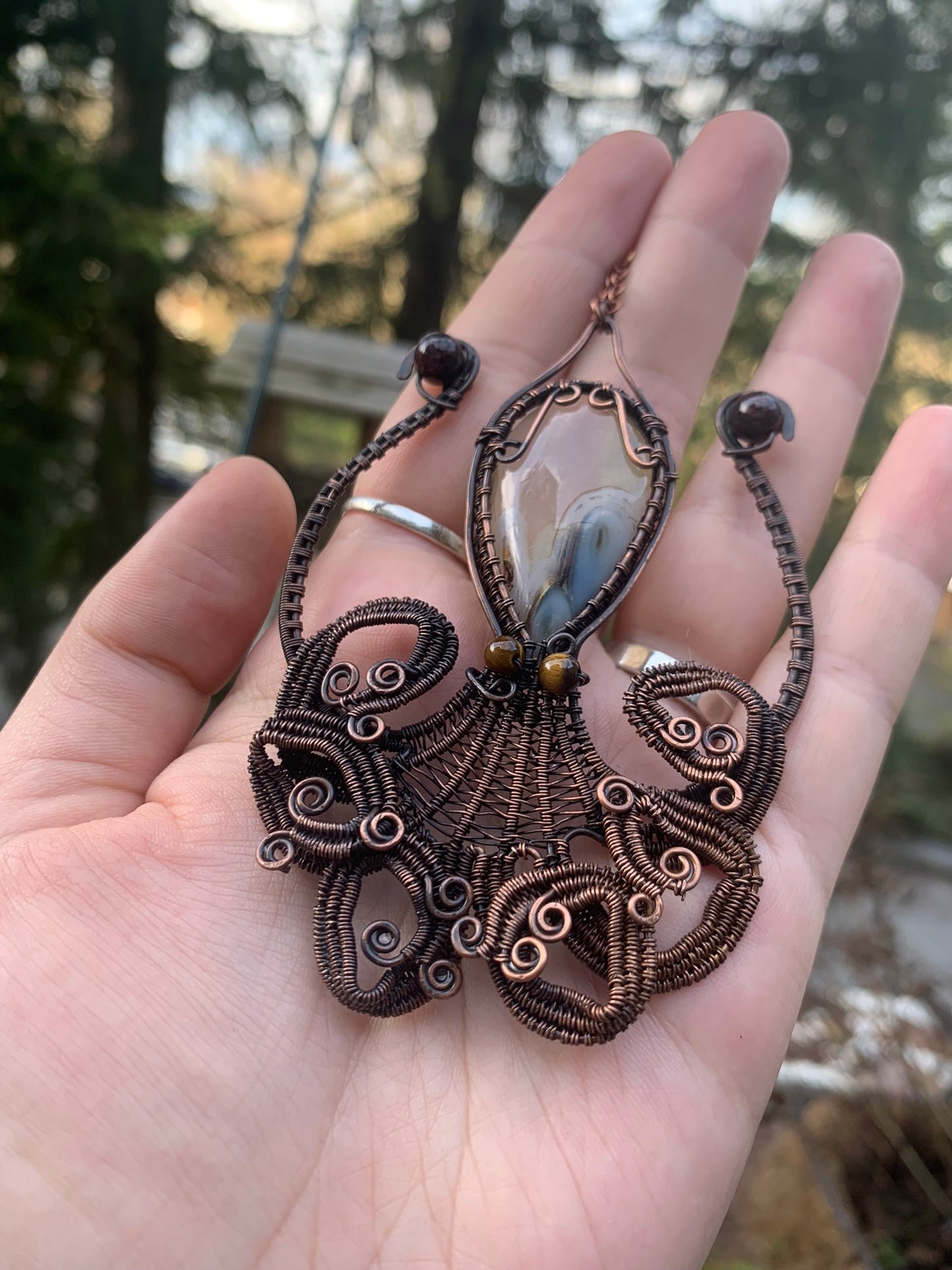 Octopus Wire Wrapped Pendant featuring Dendritic Agate with Tigers eye and garnet accents