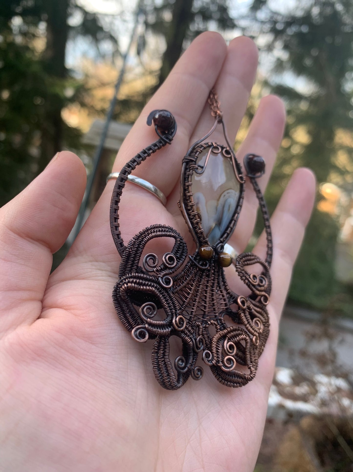 Octopus Wire Wrapped Pendant featuring Dendritic Agate with Tigers eye and garnet accents