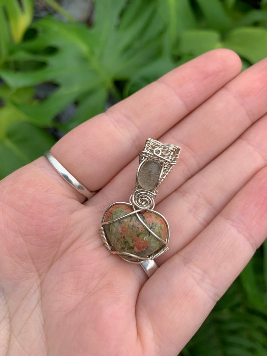 Unakite Jasper Heart Pendant with Labradorite in Sterling Silver