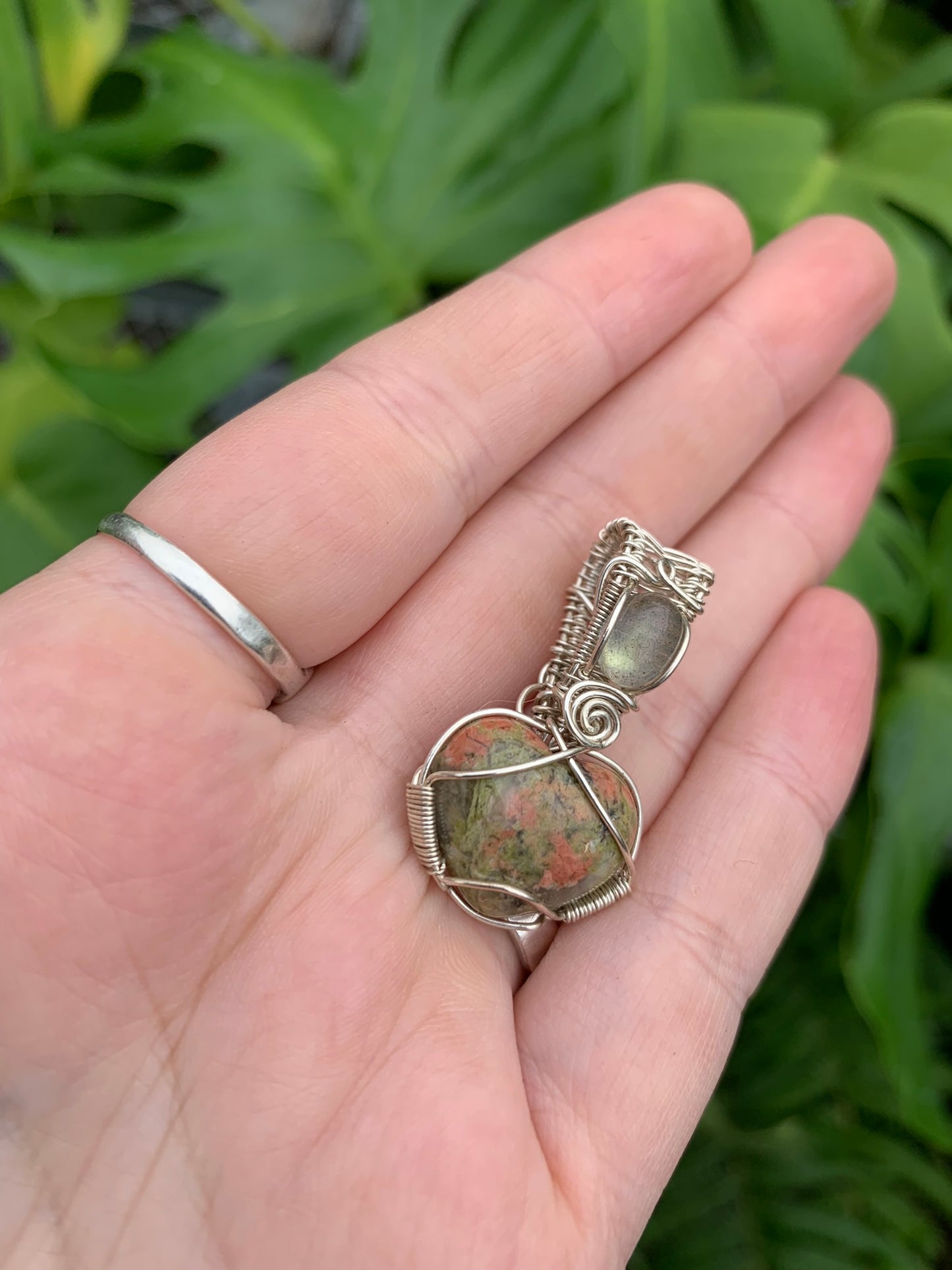 Unakite Jasper Heart Pendant with Labradorite in Sterling Silver