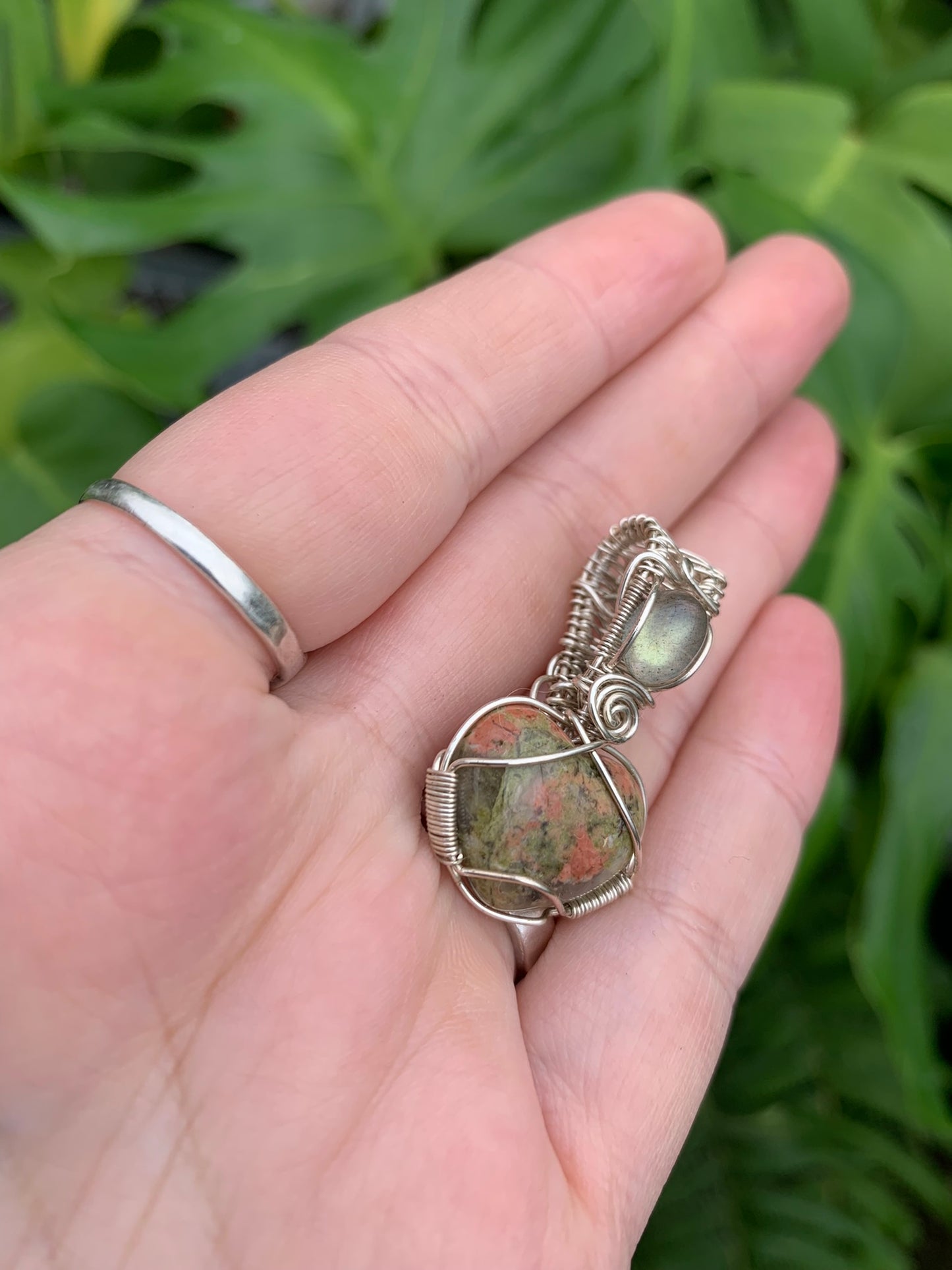 Unakite Jasper Heart Pendant with Labradorite in Sterling Silver