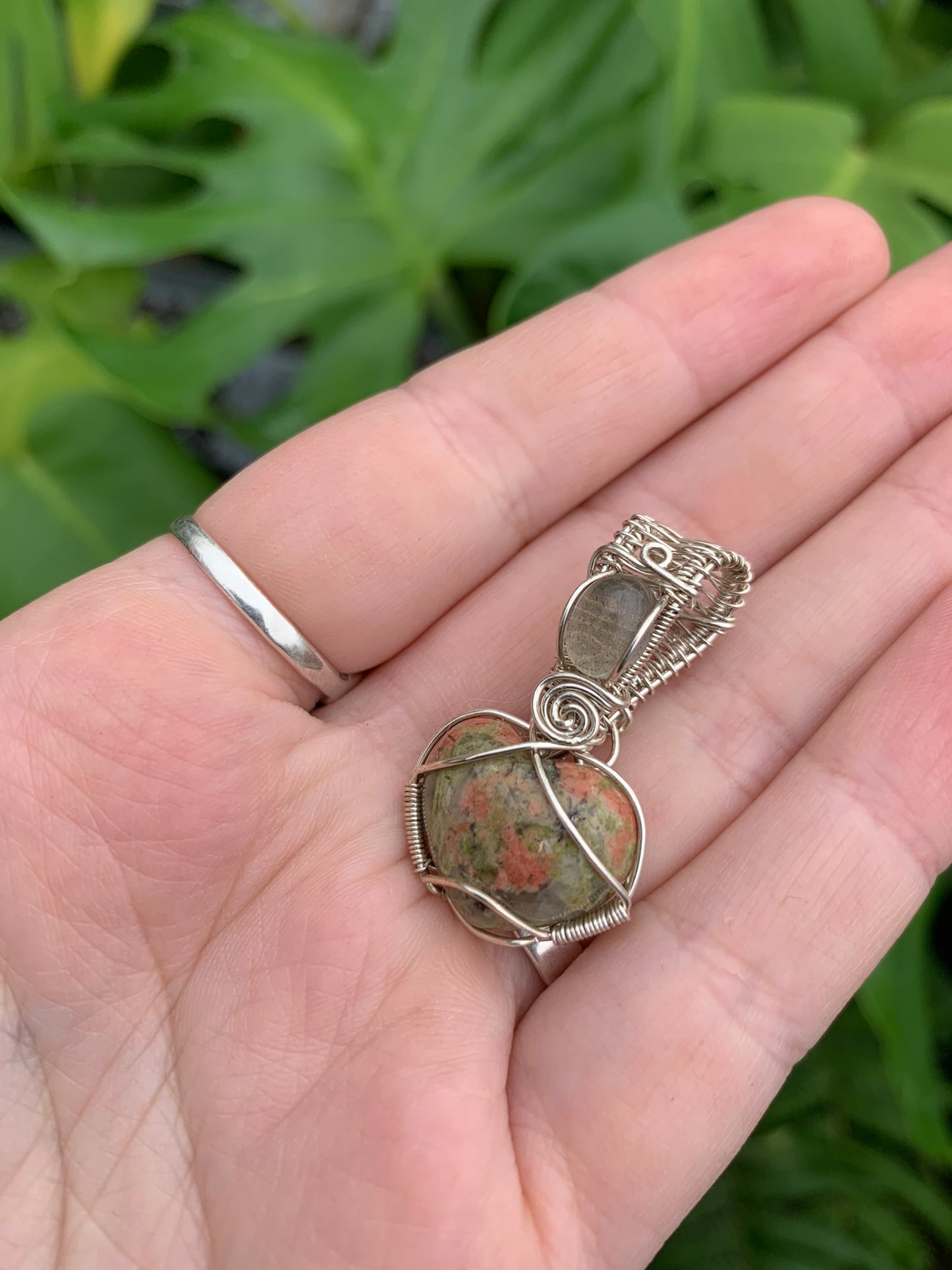 Unakite Jasper Heart Pendant with Labradorite in Sterling Silver