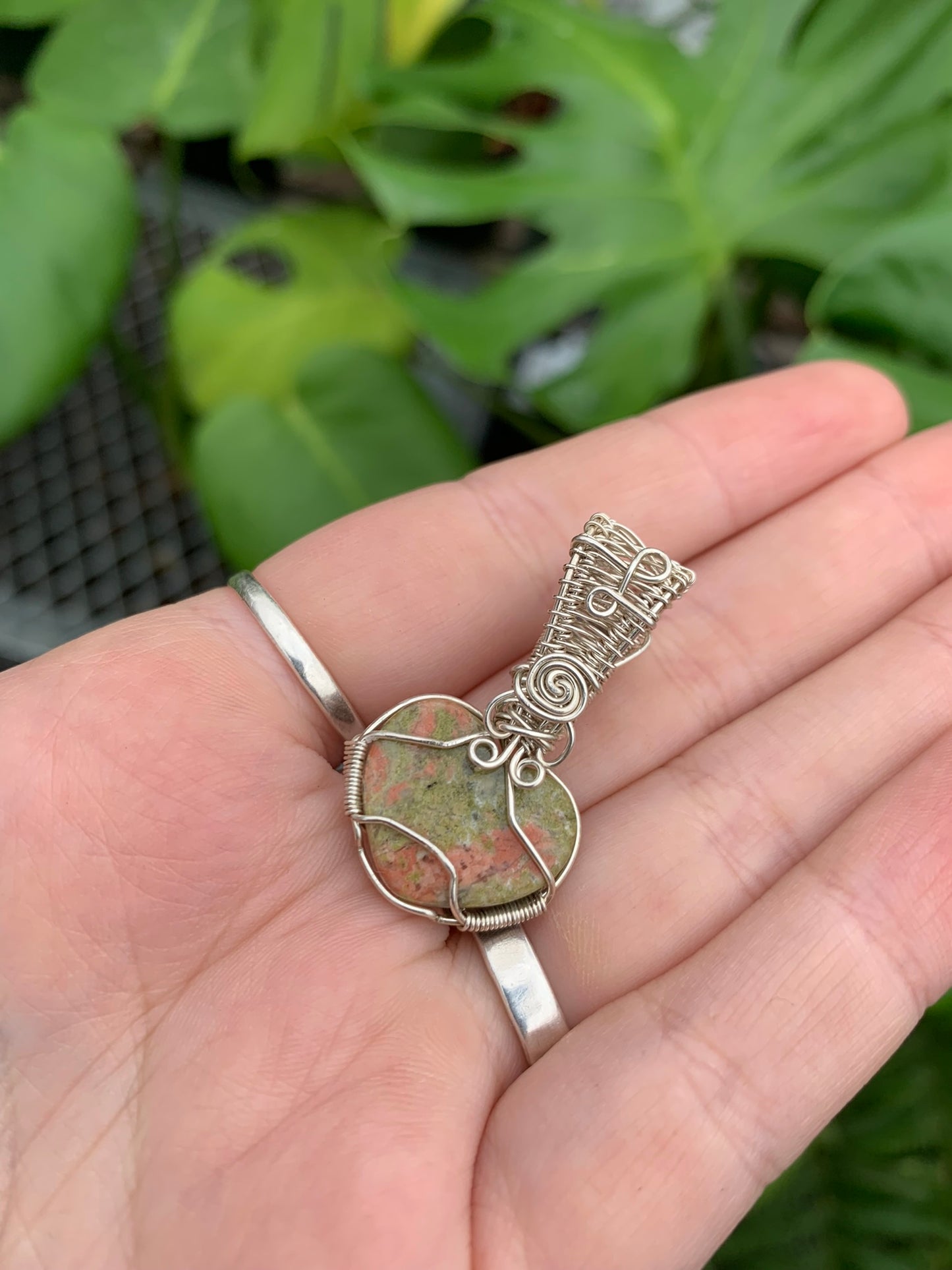 Unakite Jasper Heart Pendant with Labradorite in Sterling Silver