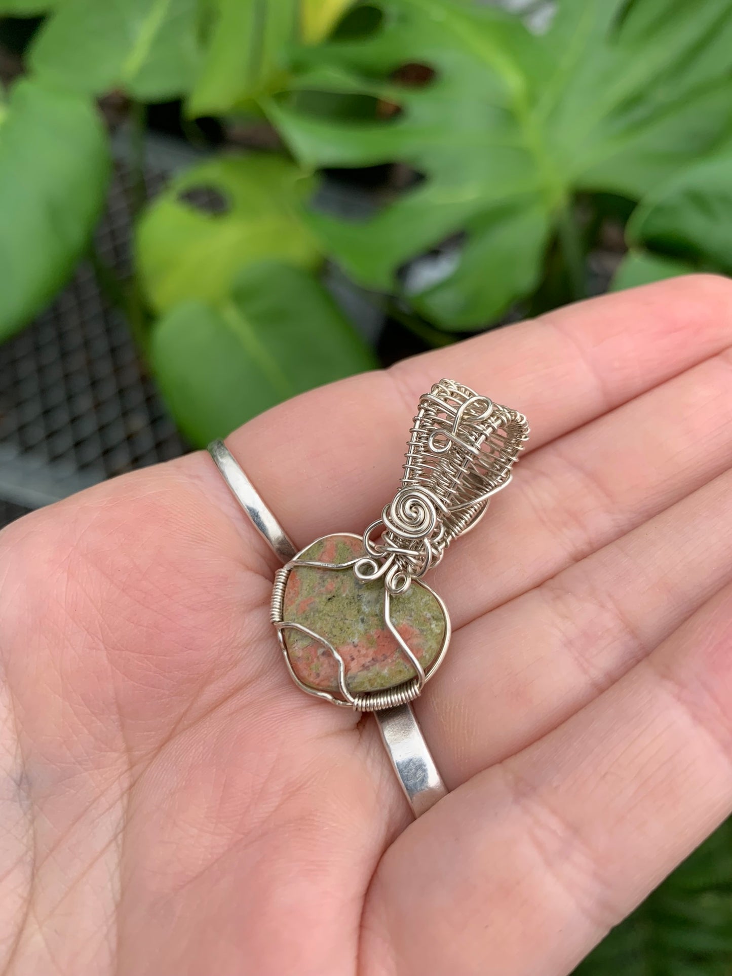 Unakite Jasper Heart Pendant with Labradorite in Sterling Silver