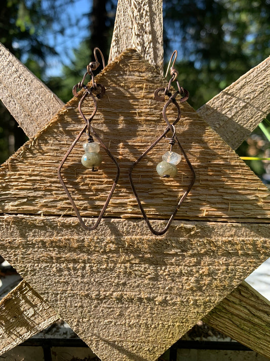 Hammered Earrings With Labradorite Wire Wrapped In Antique Copper