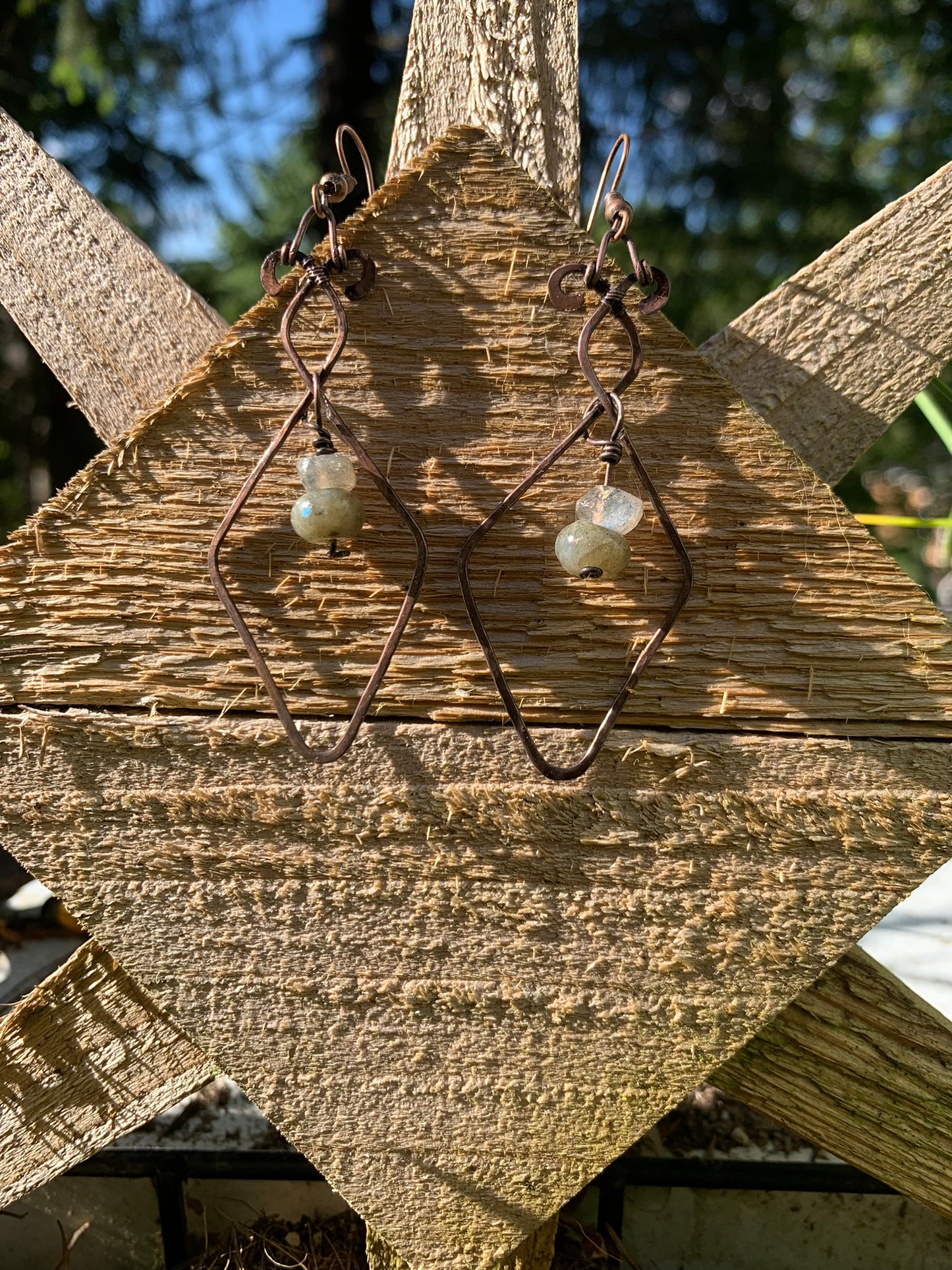 Hammered Earrings With Labradorite Wire Wrapped In Antique Copper