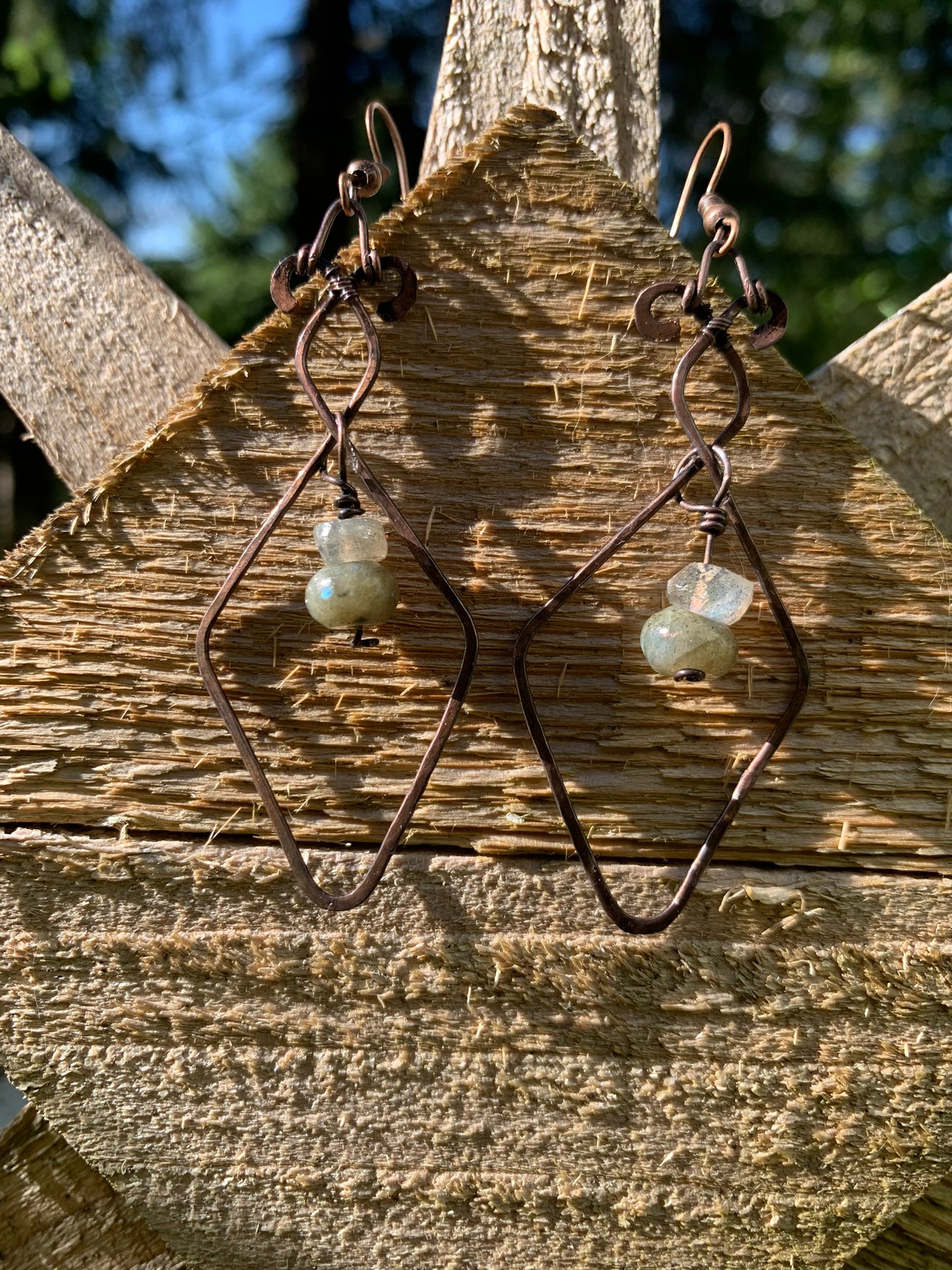 Hammered Earrings With Labradorite Wire Wrapped In Antique Copper