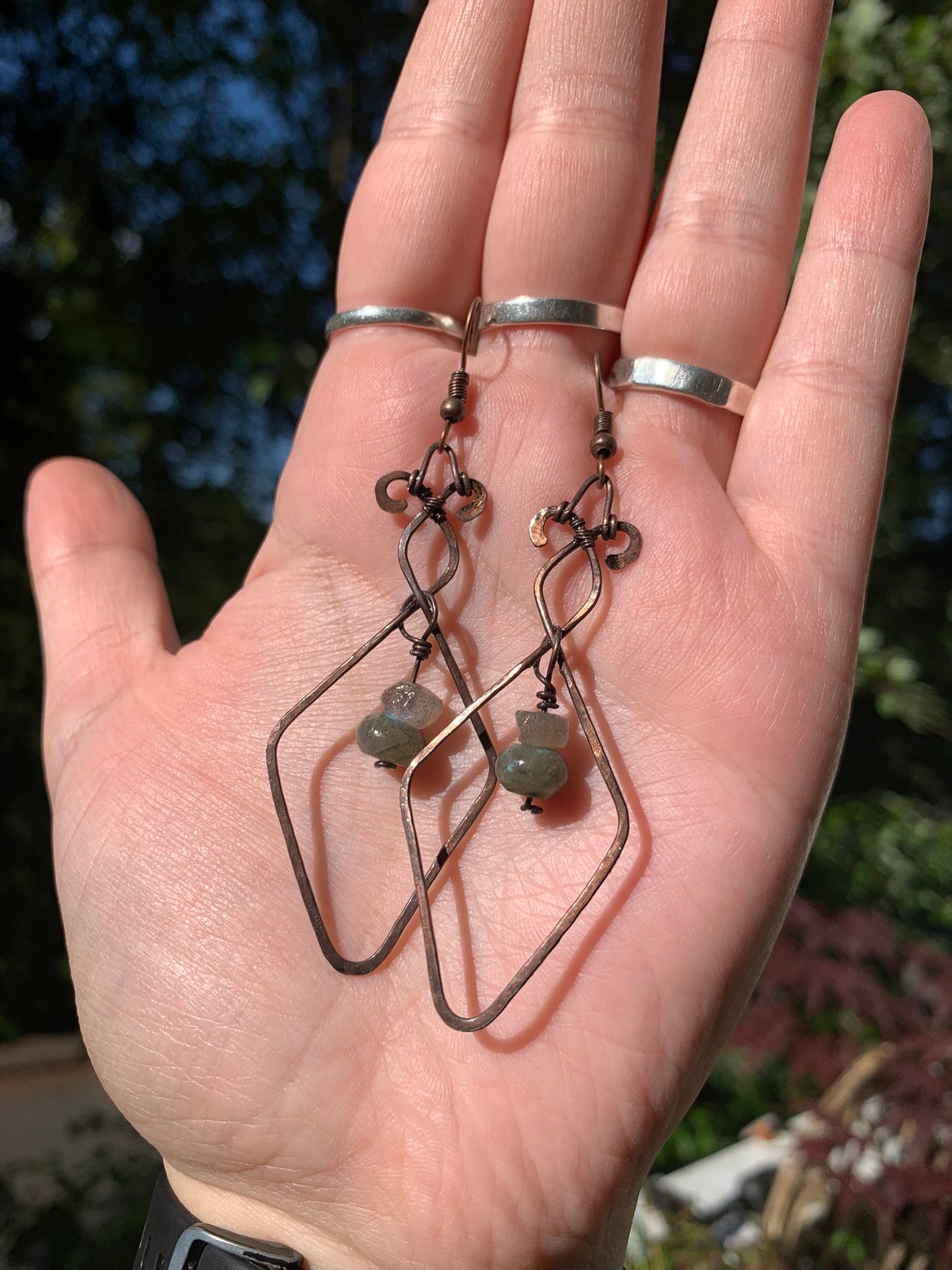 Hammered Earrings With Labradorite Wire Wrapped In Antique Copper