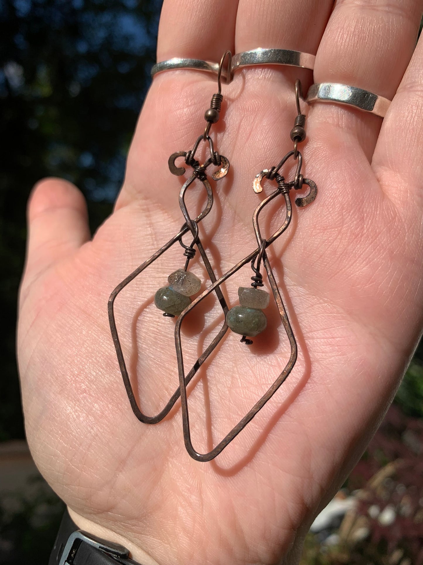 Hammered Earrings With Labradorite Wire Wrapped In Antique Copper