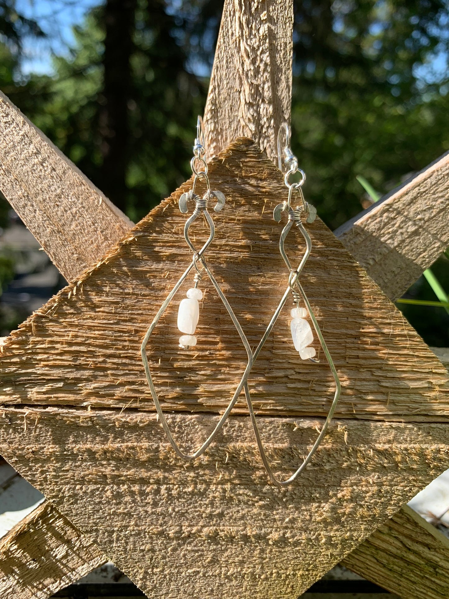 Hammered Wire Wrapped Earrings With Moonstone in Sterling Silver