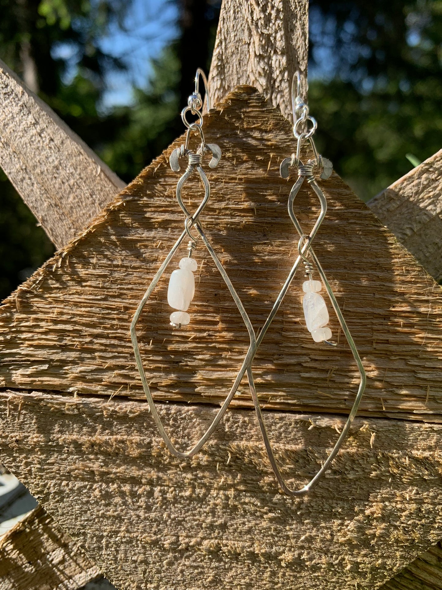 Hammered Wire Wrapped Earrings With Moonstone in Sterling Silver