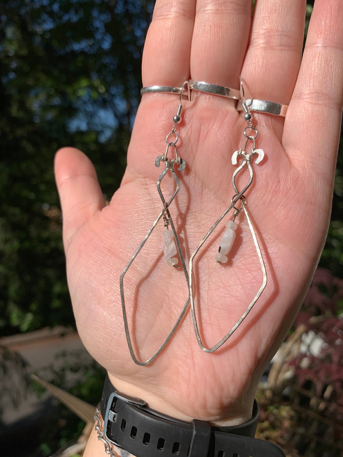 Hammered Wire Wrapped Earrings With Moonstone in Sterling Silver