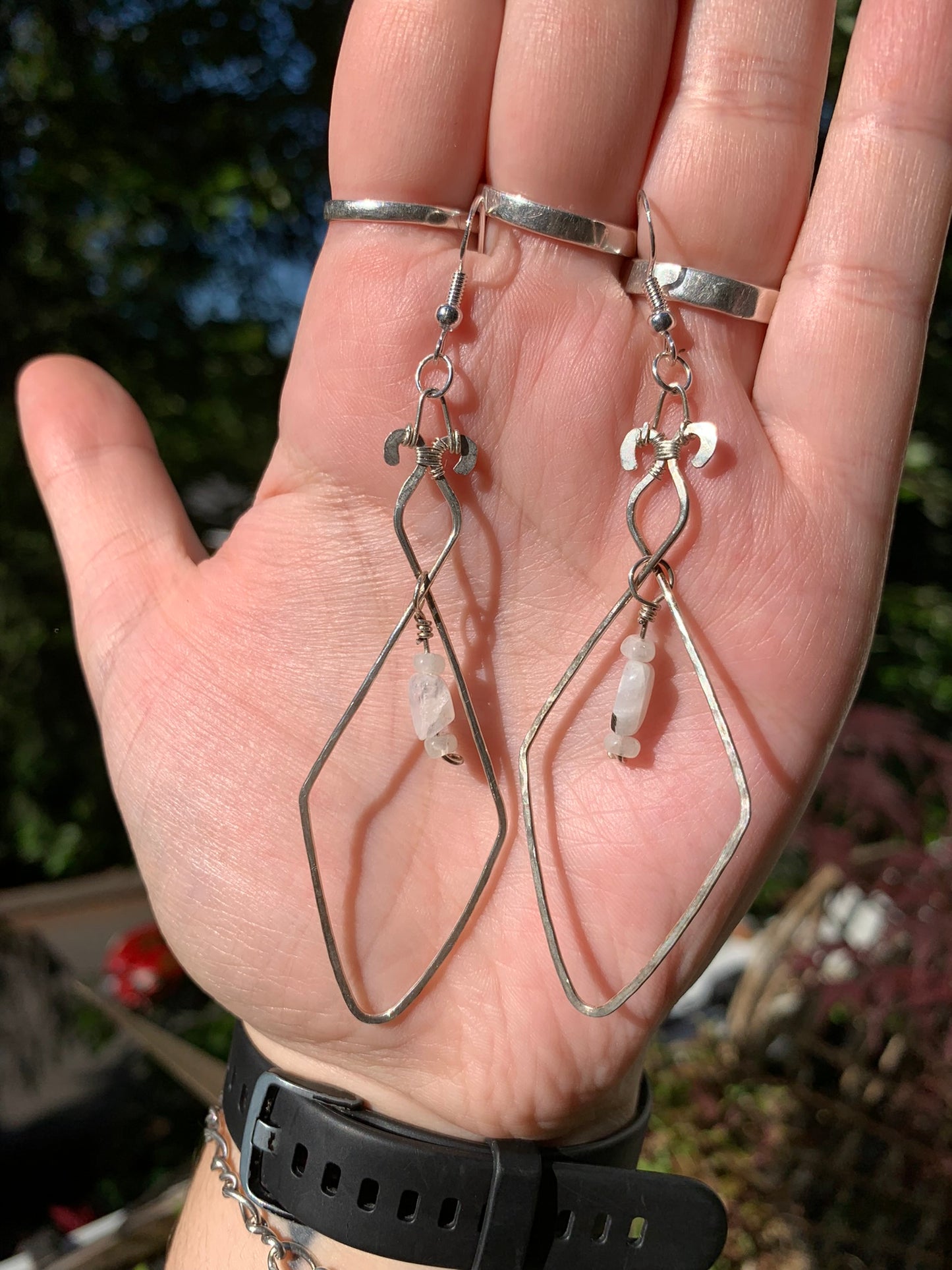 Hammered Wire Wrapped Earrings With Moonstone in Sterling Silver