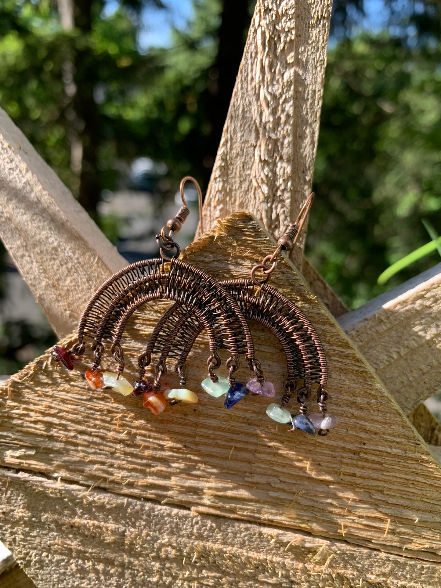 Rainbow Wire Wrapped Earrings in Antiqued Copper