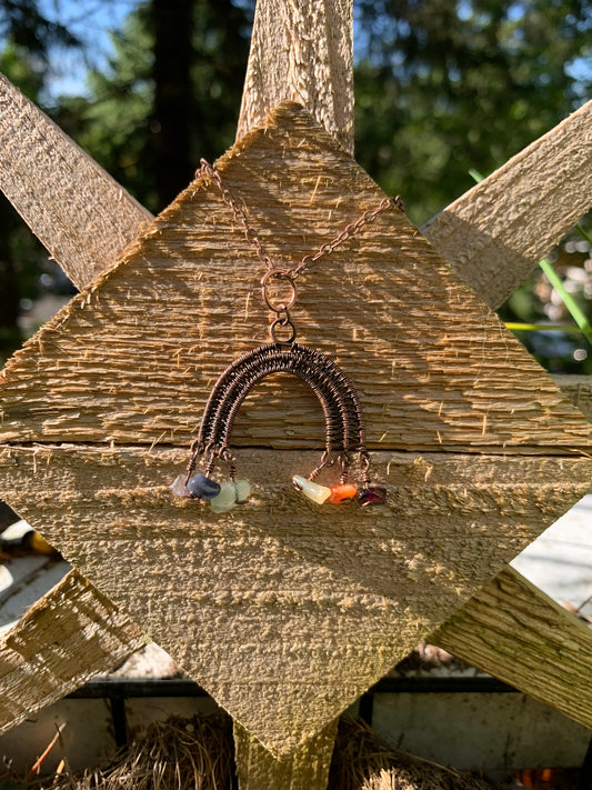 Cute Dangly Rainbow Necklace with Rainbow Gemstones Wire Wrapped in Antiqued Copper