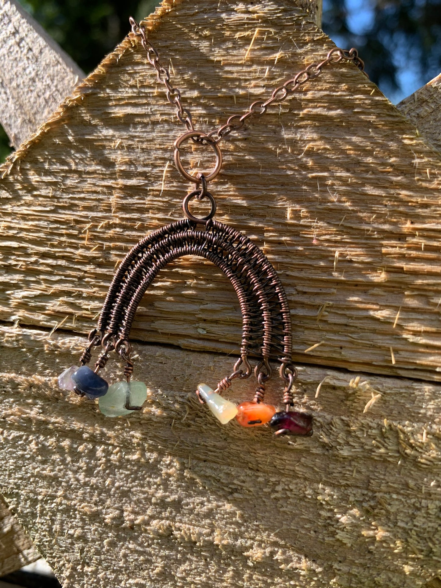 Cute Dangly Rainbow Necklace with Rainbow Gemstones Wire Wrapped in Antiqued Copper