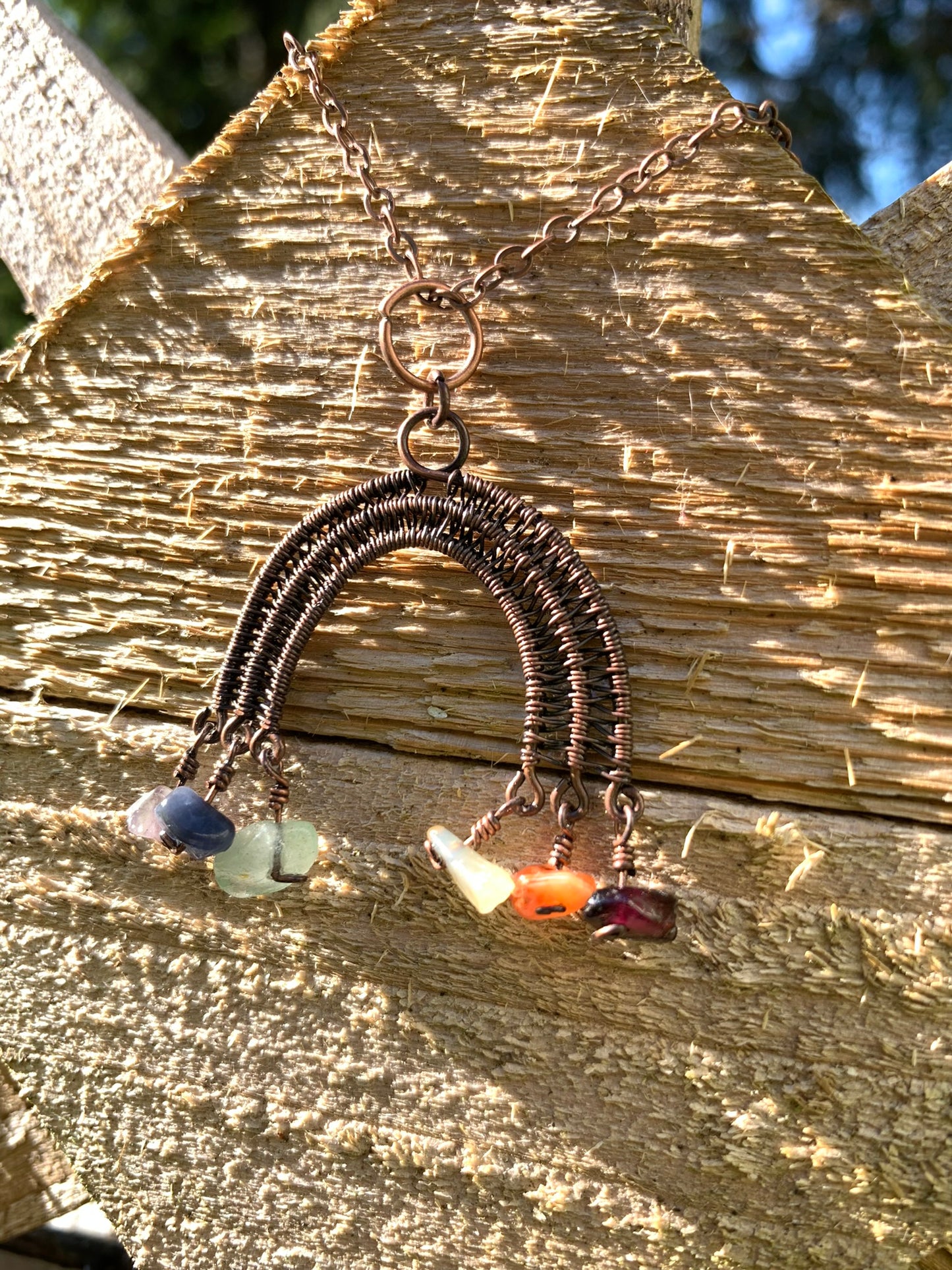 Cute Dangly Rainbow Necklace with Rainbow Gemstones Wire Wrapped in Antiqued Copper