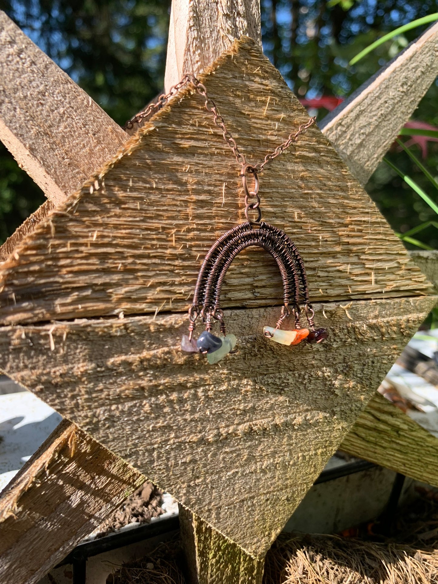 Cute Dangly Rainbow Necklace with Rainbow Gemstones Wire Wrapped in Antiqued Copper