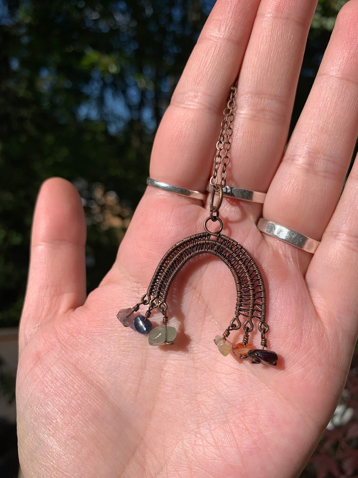 Cute Dangly Rainbow Necklace with Rainbow Gemstones Wire Wrapped in Antiqued Copper