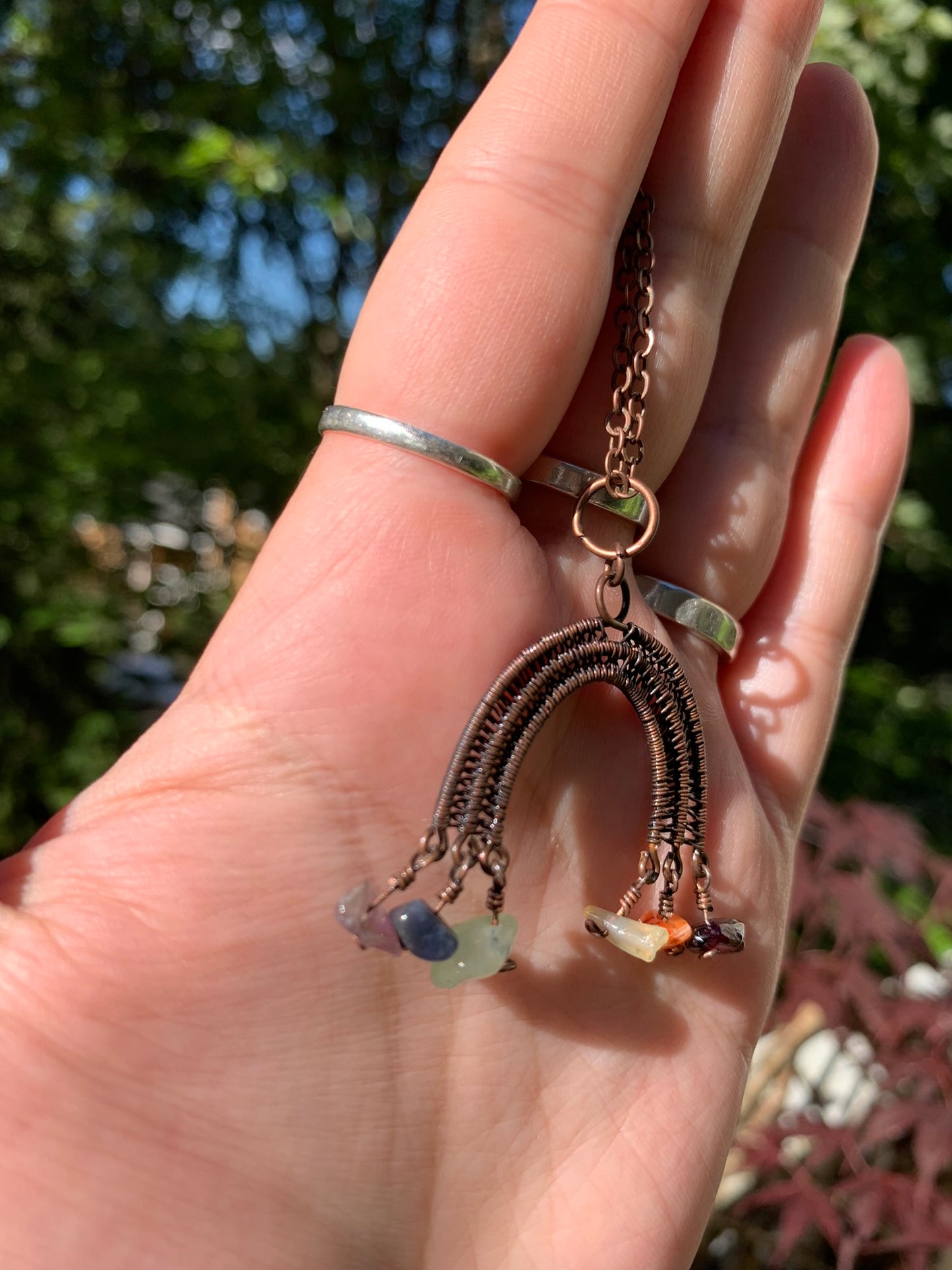 Cute Dangly Rainbow Necklace with Rainbow Gemstones Wire Wrapped in Antiqued Copper