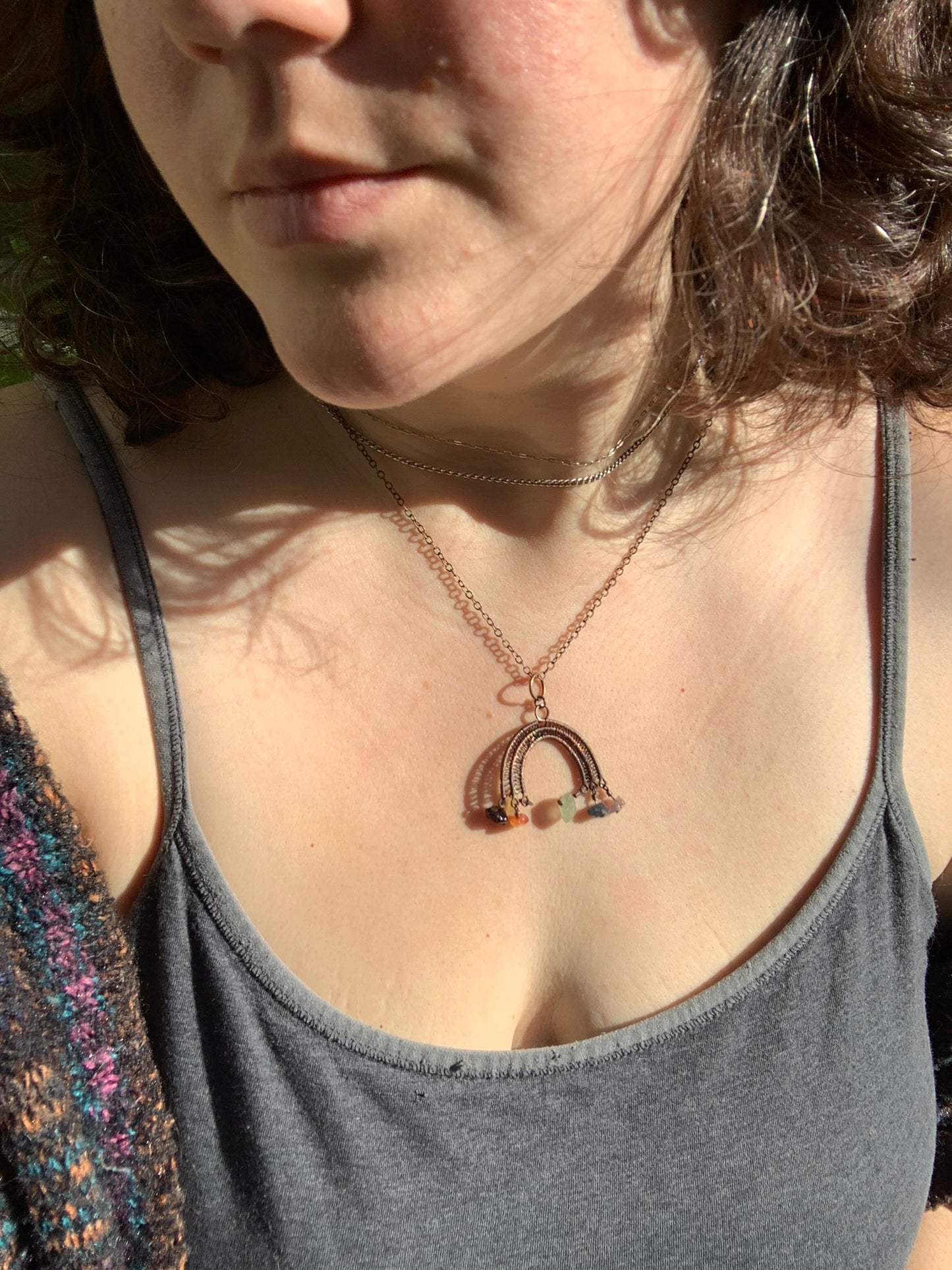 Cute Dangly Rainbow Necklace with Rainbow Gemstones Wire Wrapped in Antiqued Copper