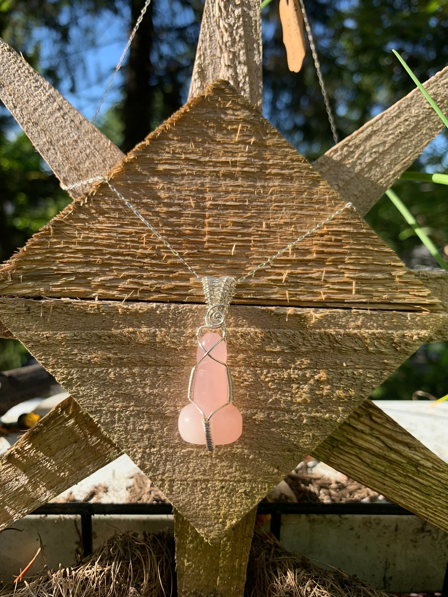 Rose Quartz Phallic Amulet Wire Wrapped in Sterling Silver