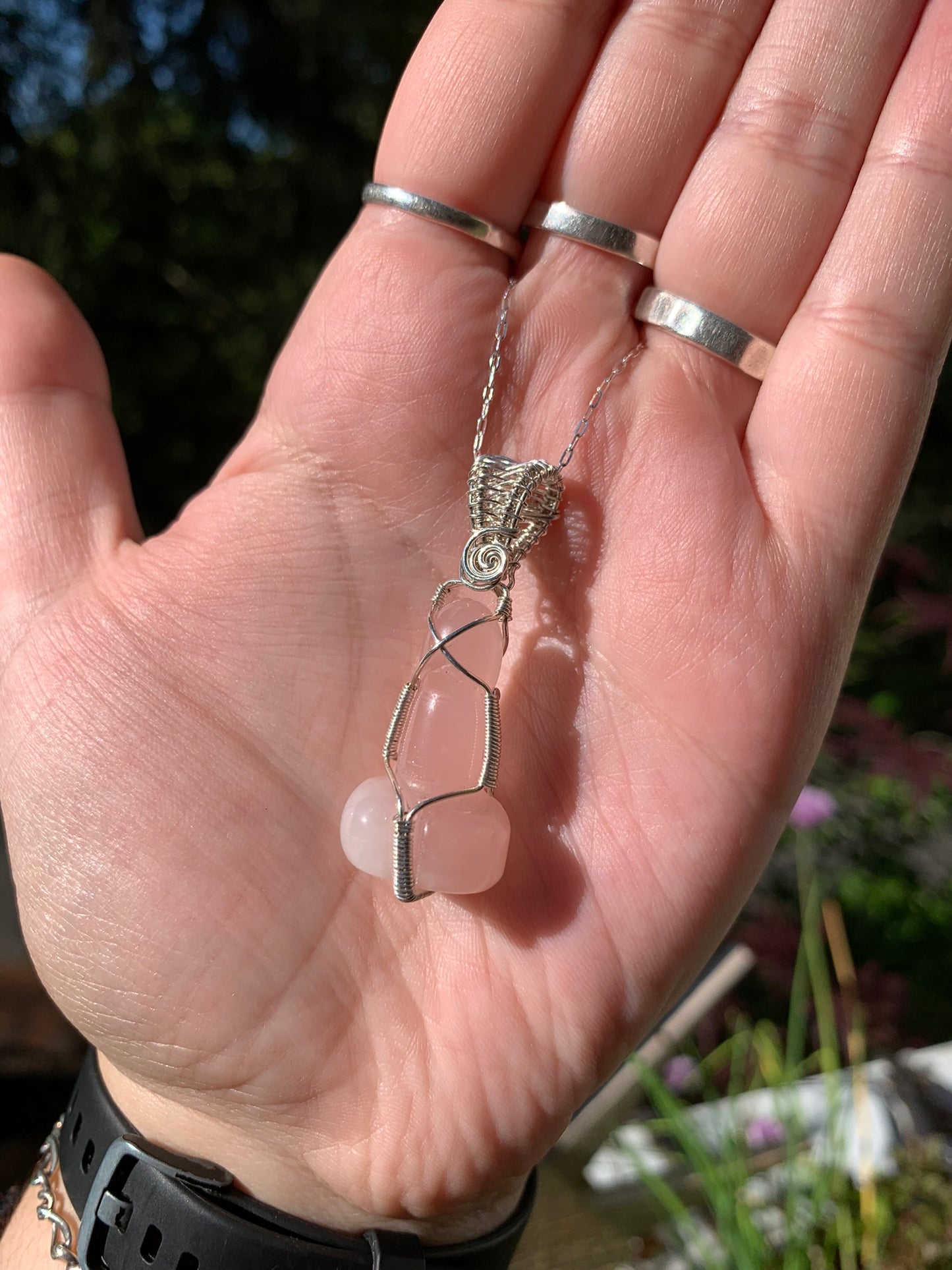 Rose Quartz Phallic Amulet Wire Wrapped in Sterling Silver