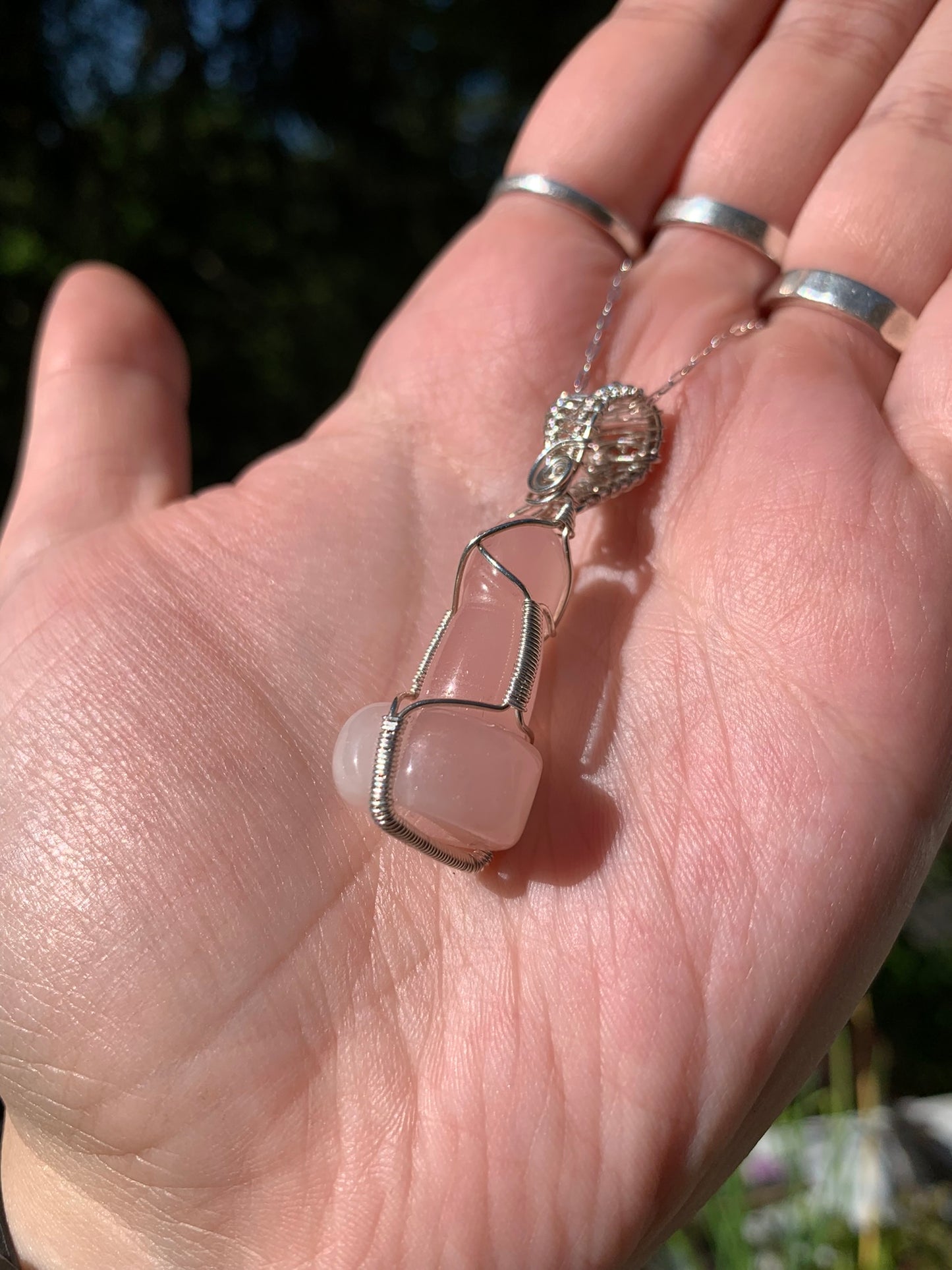 Rose Quartz Phallic Amulet Wire Wrapped in Sterling Silver