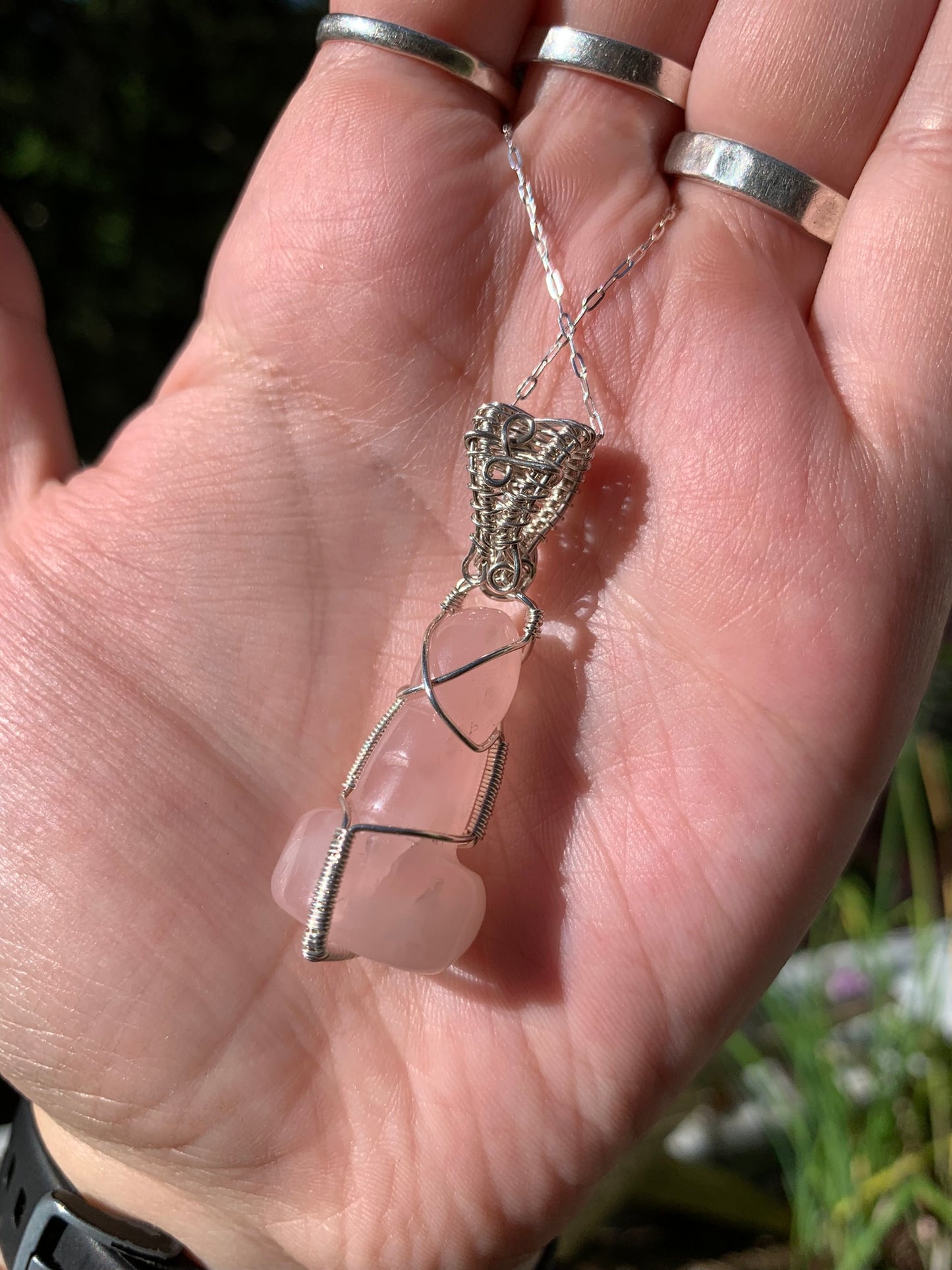 Rose Quartz Phallic Amulet Wire Wrapped in Sterling Silver