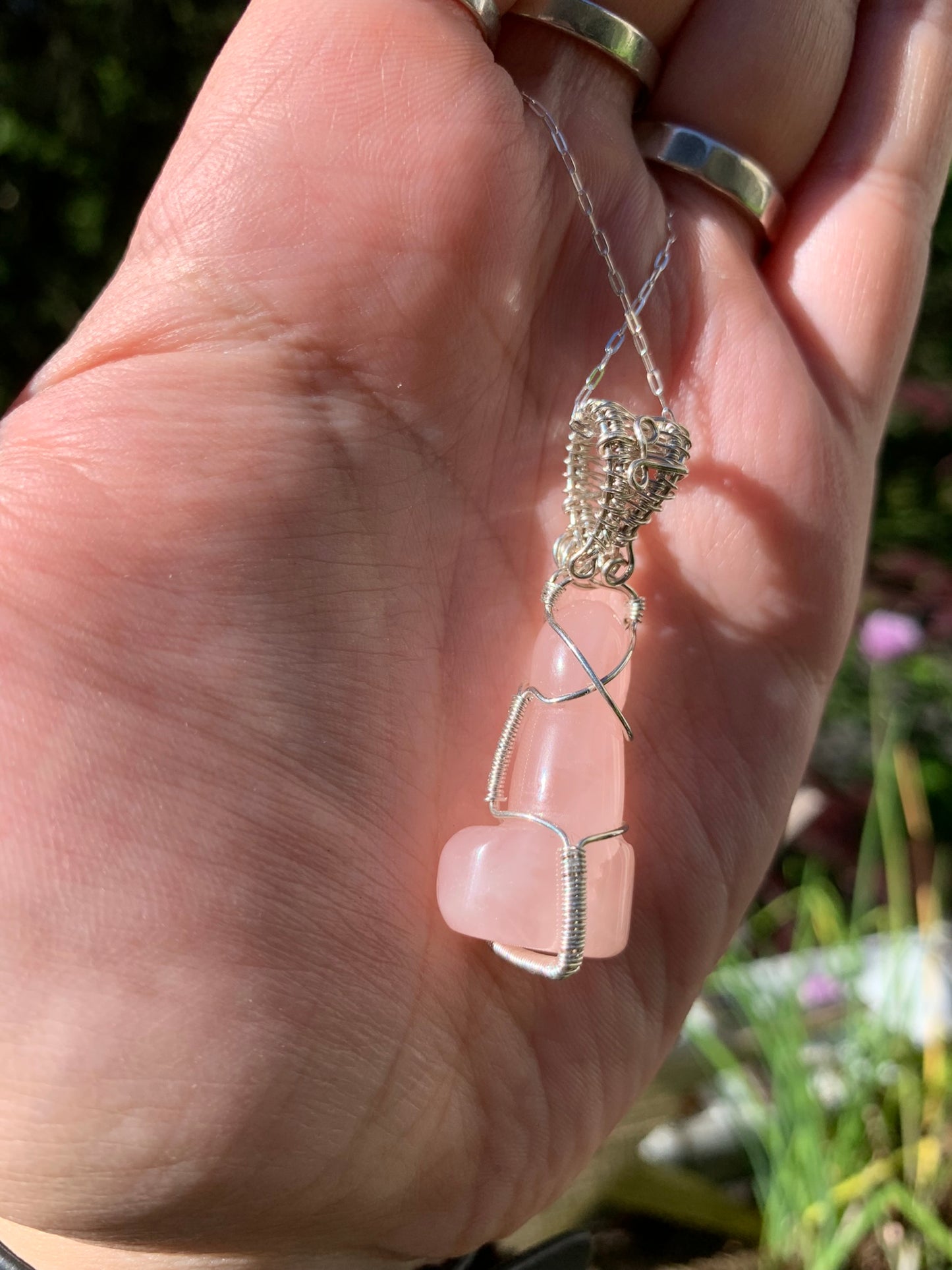 Rose Quartz Phallic Amulet Wire Wrapped in Sterling Silver