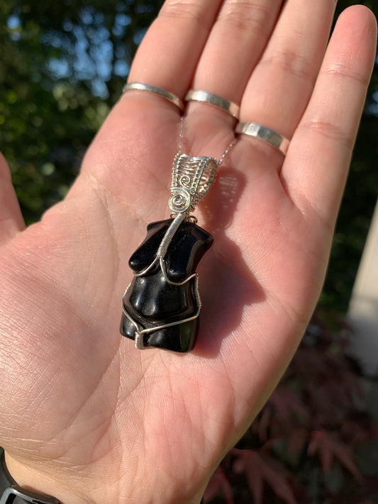 Obsidian Goddess Wire Wrapped in Sterling Silver Pendant