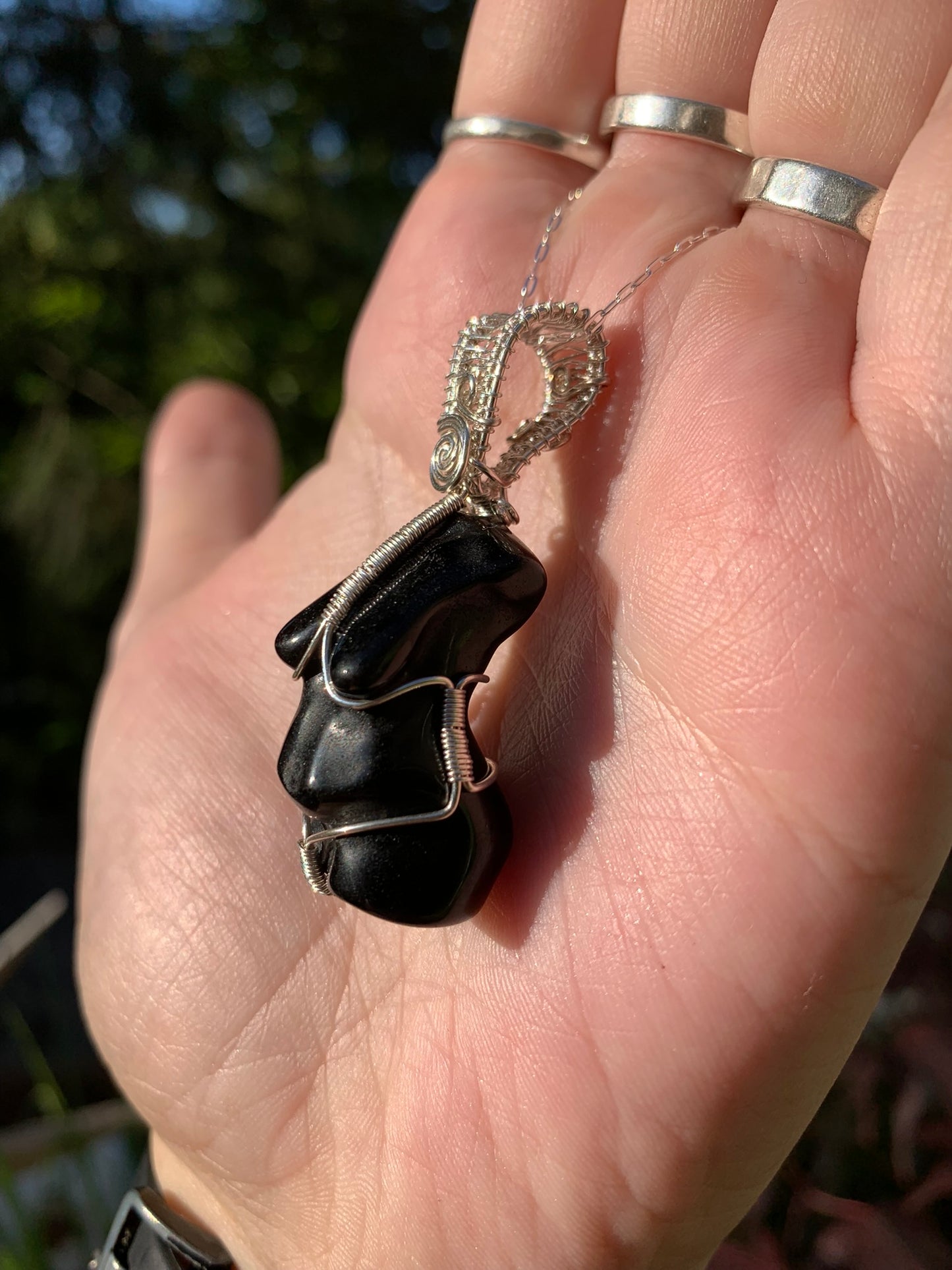 Obsidian Goddess Wire Wrapped in Sterling Silver Pendant