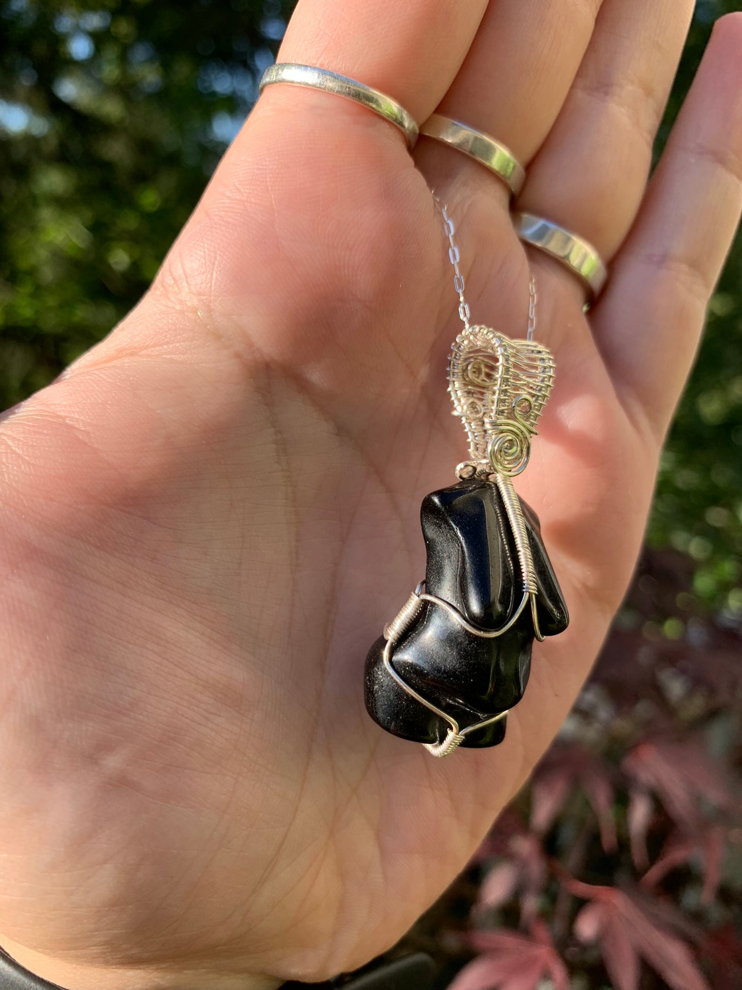 Obsidian Goddess Wire Wrapped in Sterling Silver Pendant