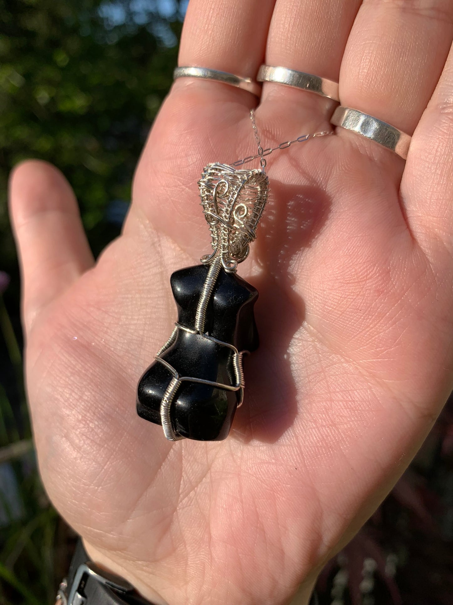 Obsidian Goddess Wire Wrapped in Sterling Silver Pendant