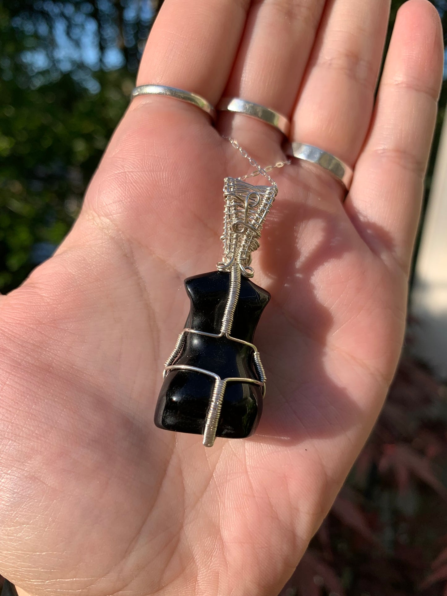 Obsidian Goddess Wire Wrapped in Sterling Silver Pendant