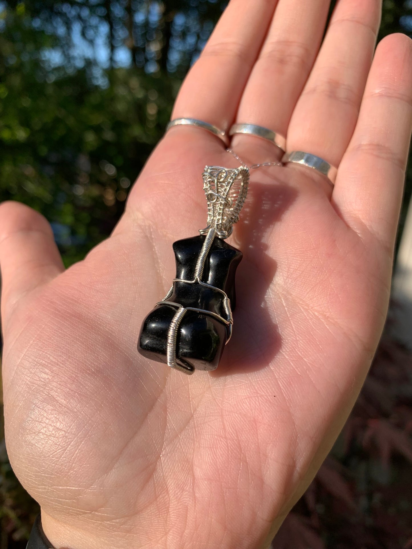 Obsidian Goddess Wire Wrapped in Sterling Silver Pendant