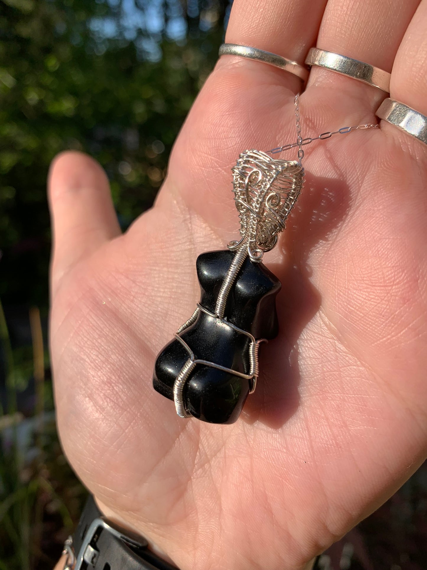 Obsidian Goddess Wire Wrapped in Sterling Silver Pendant