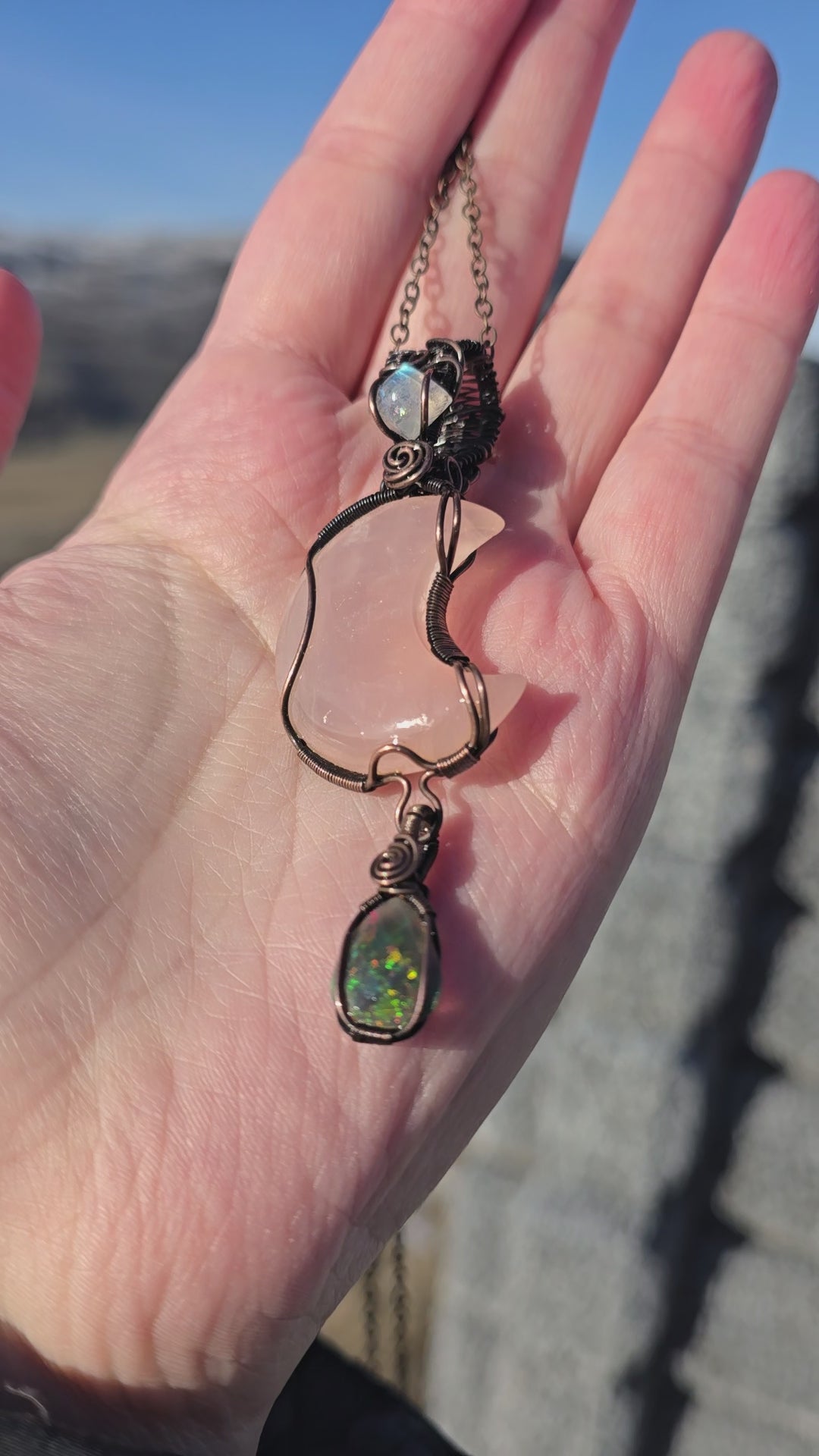 Rose Quartz Crescent Moon Pendant with Moonstone and Opal