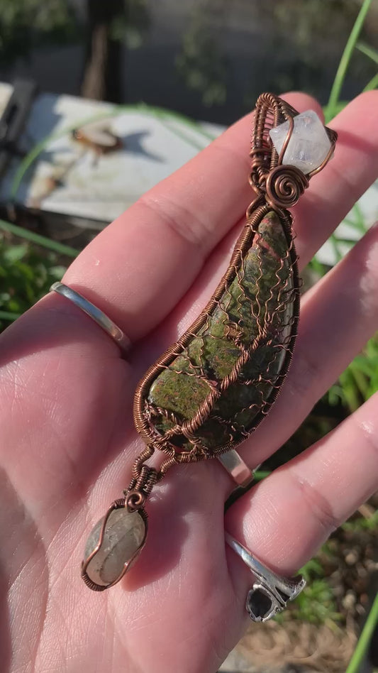 Unakite Jasper Tree Of life Pendant With Moonstone and Labradorite Wire Wrapped in Antiqued Copper