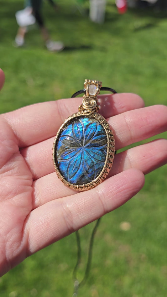 Labradorite flower with Moonstone crown wire wrapped in jewelry brass